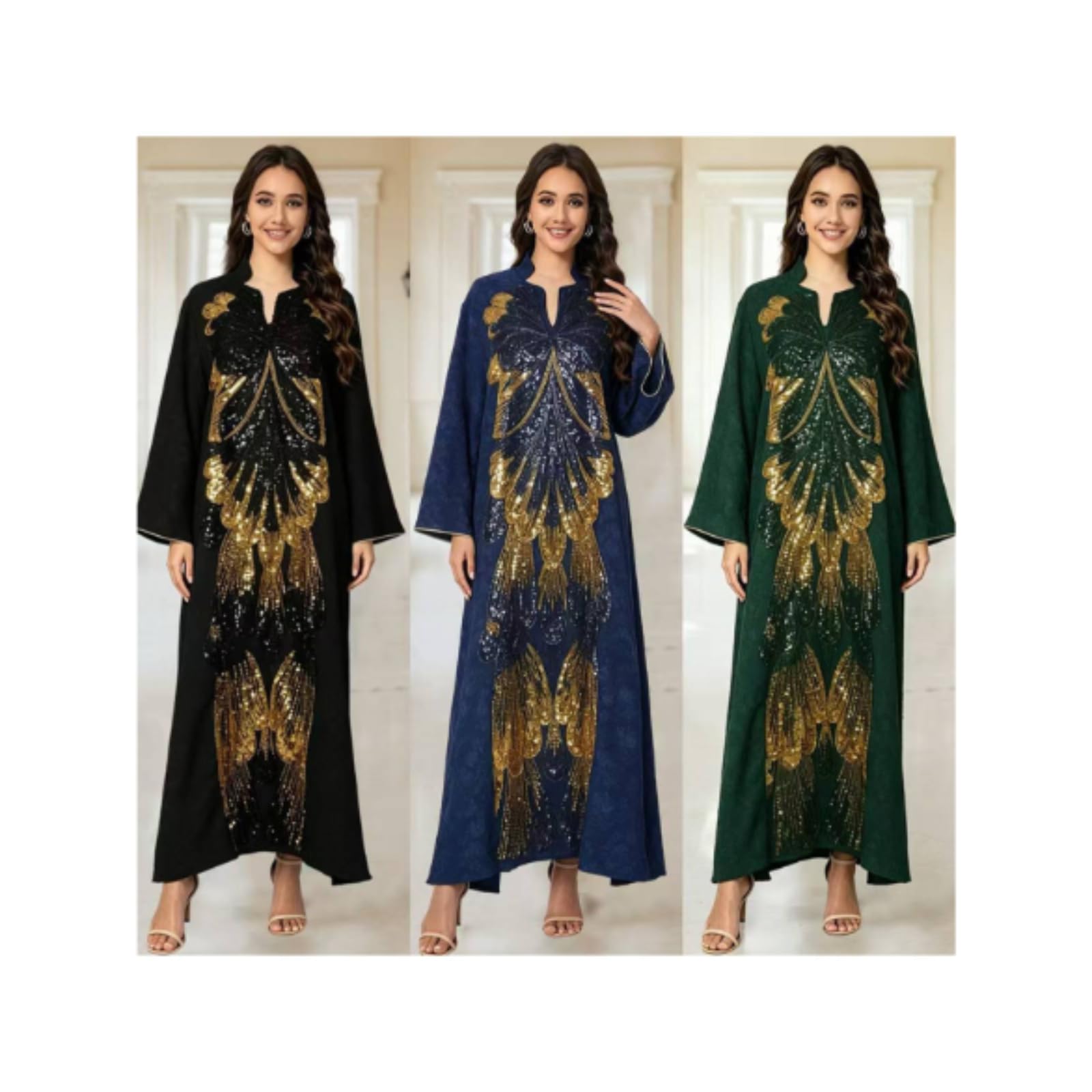 ANTTK - Maxi abito da donna caftano con perline e paillettes ricamate, a