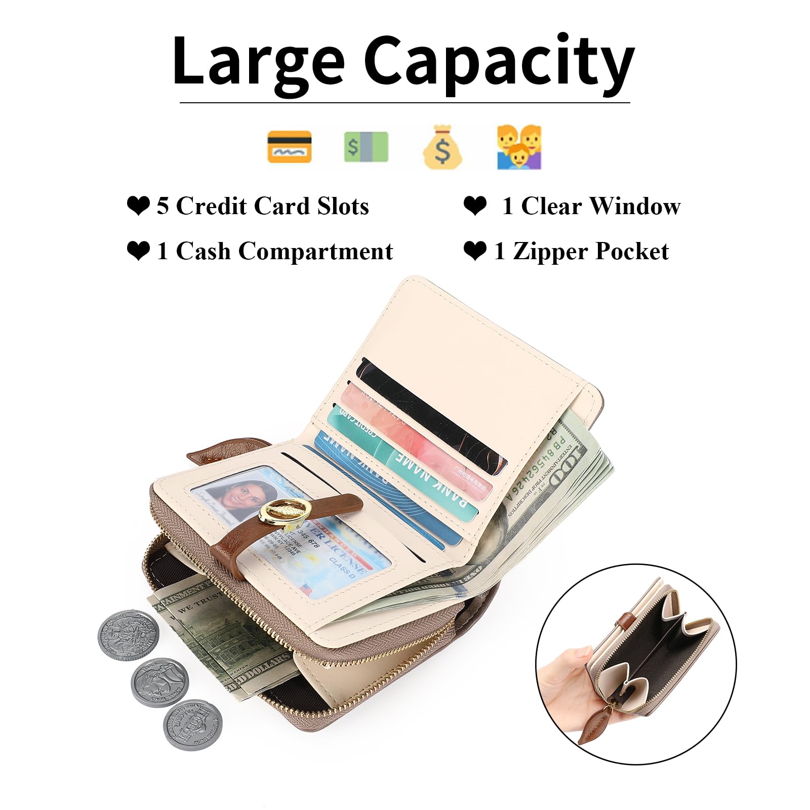 GOIACII Piccolo portafoglio da donna in pelle compatta grande capacità con tasca con zip e porta carte, A05 grigio., S, Rétro
