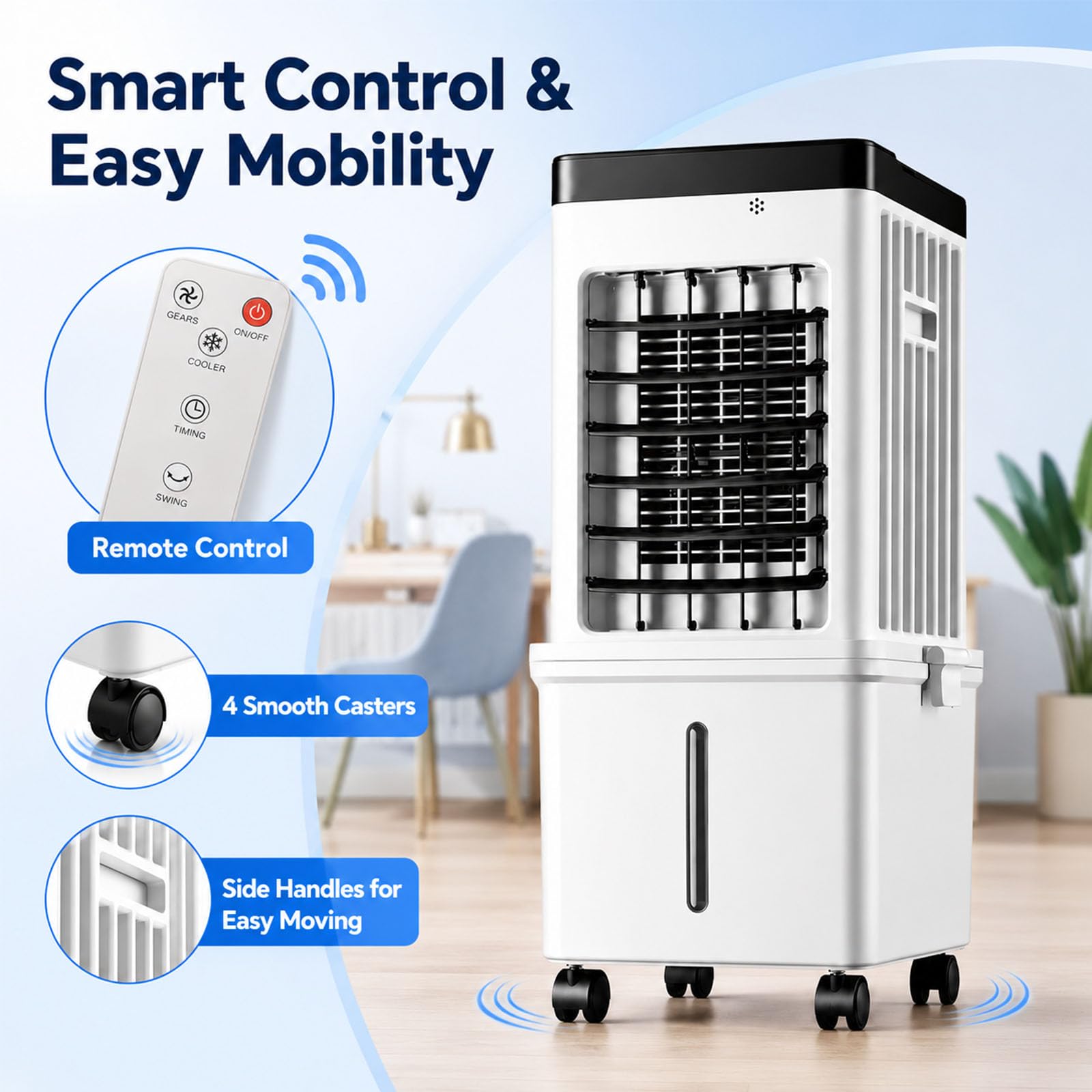 Generico 3-in-1 Ventilatore Portatile con Telecomando, 12L Raffrescatore Evaporativo d'Aria, Sistema di Raffreddamento per Soggiorno e Ufficio, Timer 12H & Setti Ghiaccio