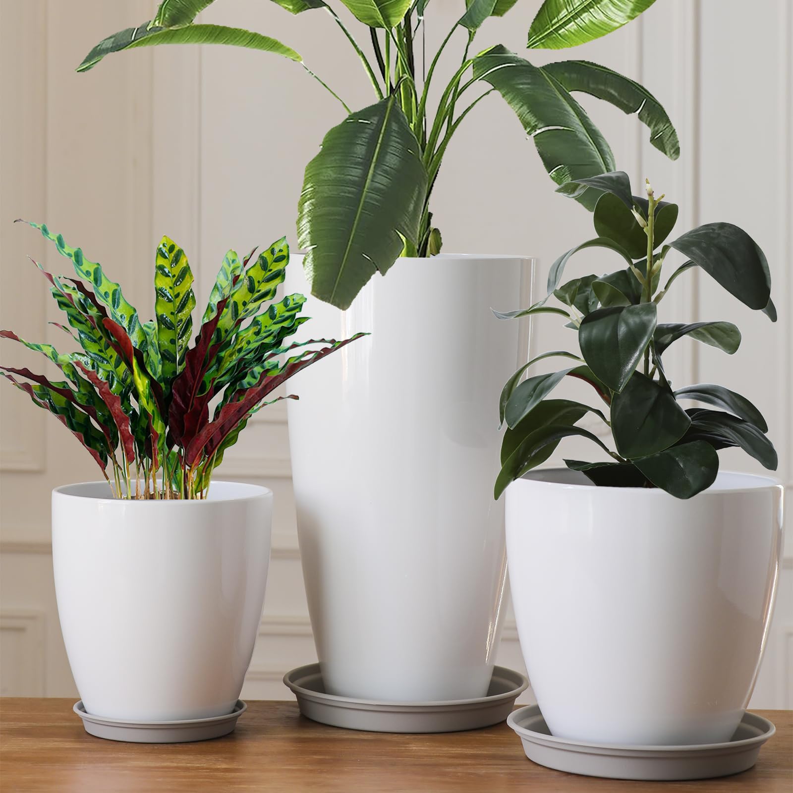 Macetas Redondas Altas con Agujeros de Drenaje/Plato Macetas Decorativas de plástico para Plantas de Interior y Exterior, macetas Blancas 3 Paquetes 28+30+53cm de Altura