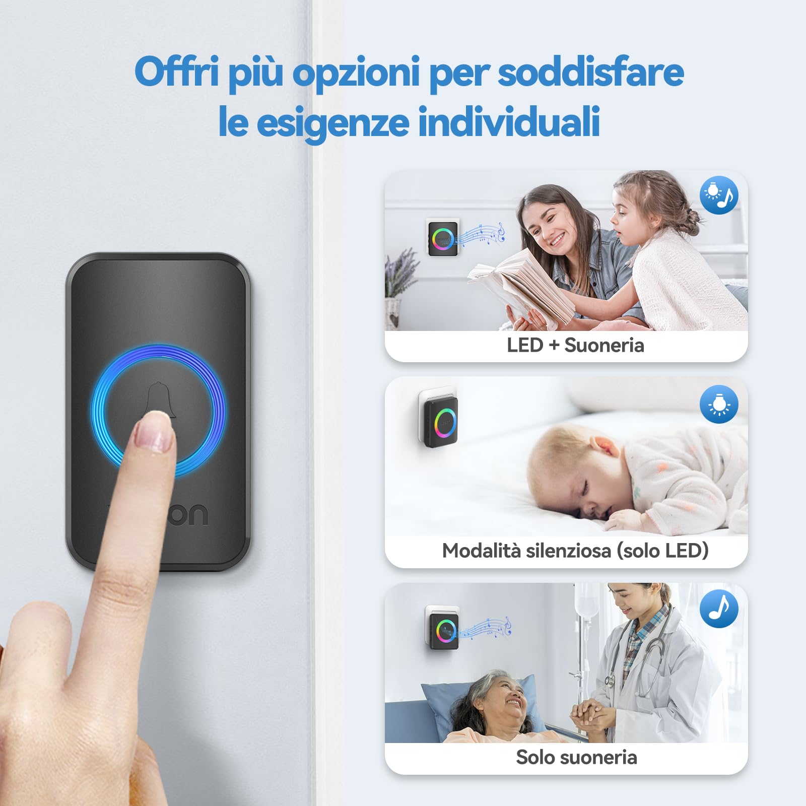 VOXON Campanello Senza Fili, Wireless Campanello con 2 Ricevitori Plug-in e 1 Trasmettitore, Portata 400M, IP65 Impermeabile, 60 Melodie con Flash LED, Doorbell per Casa e Ufficio (Nero)