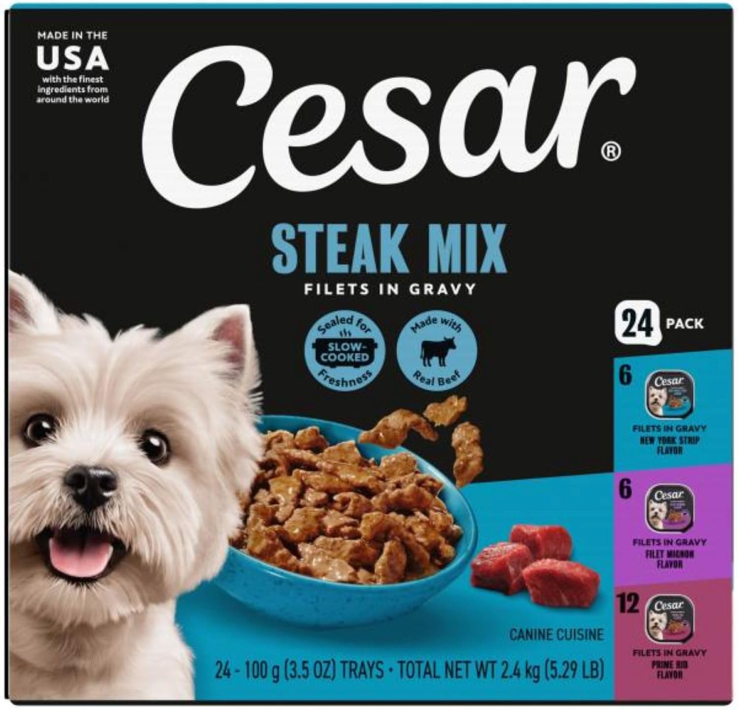 Filets in Gravy Adult Wet Dog Food Variety Pack, Filet Mignon, New York Strip, and Prime Rib Flavors, 3.5 oz. Easy Peel Dog Food Tray, 24 Count (Pack of 1)