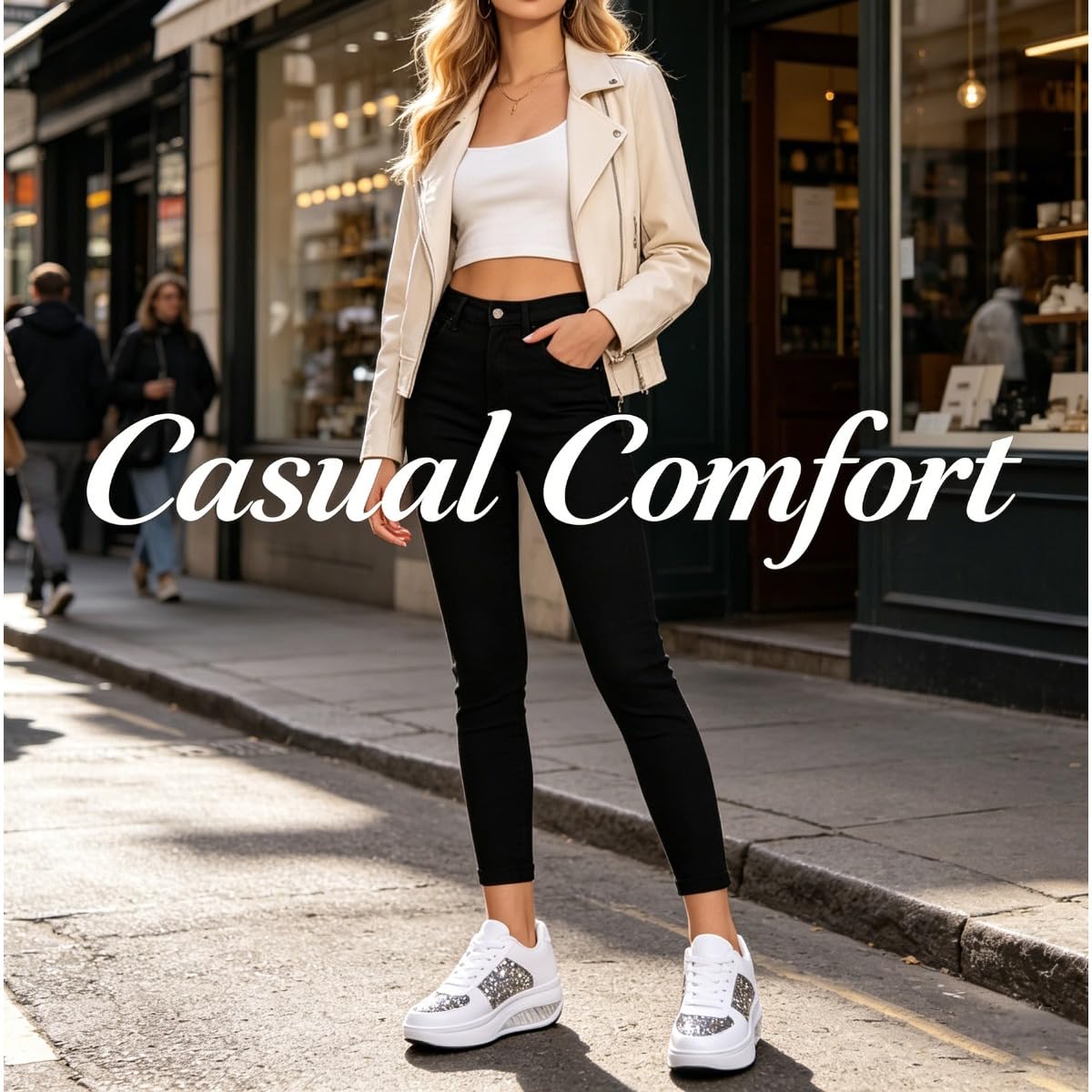 Scarpe da ginnastica da donna con zeppa glitterata, con lustrini, con lacci, eleganti, lucide, casual, per feste, festival, uso quotidiano