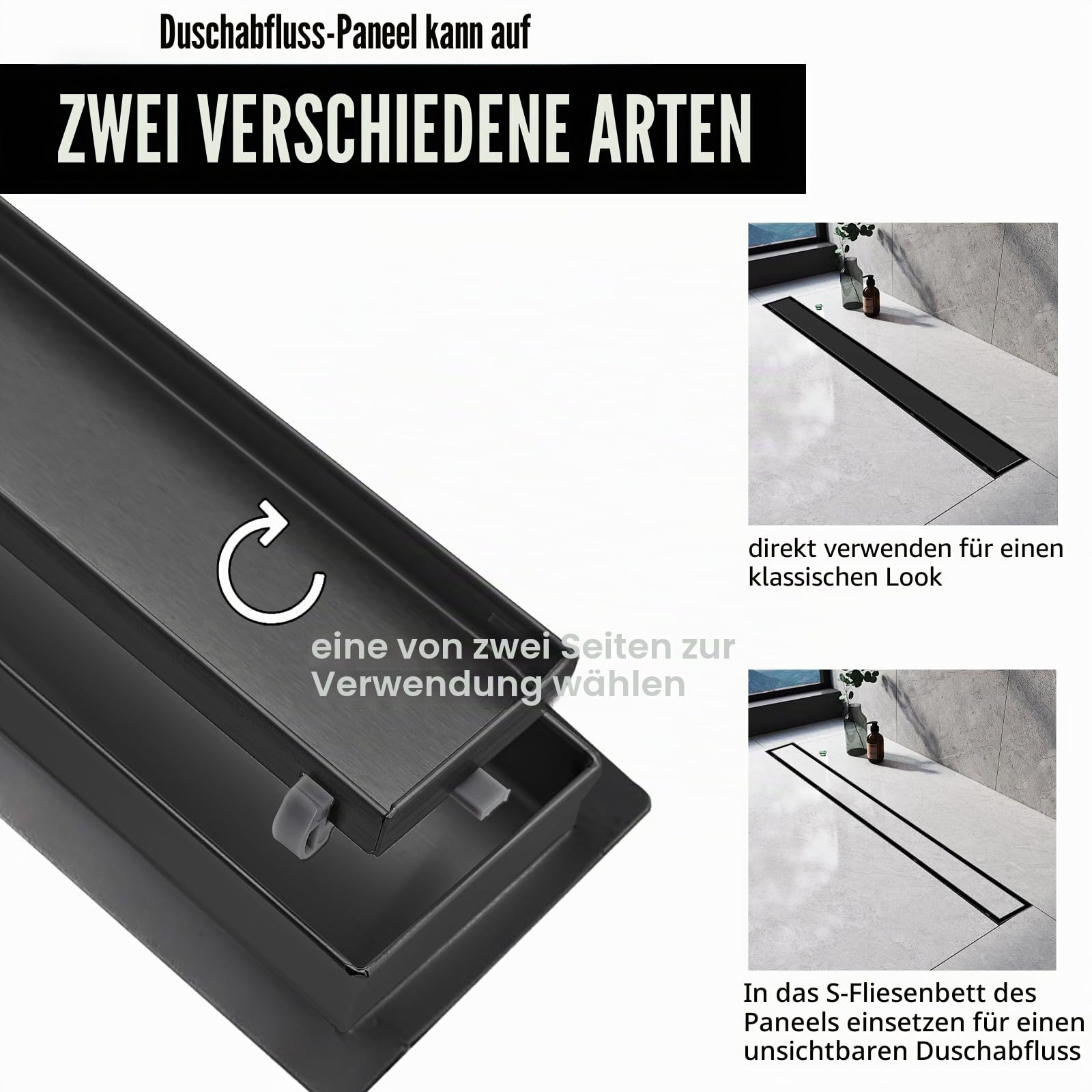 Duschrinne 90 cm, Edelstahl-Bodenablauf mit 360° Siphon, Schwarz | Edelstahl Bodenablauf Komplettset mit 360°Siphon Haarsieb