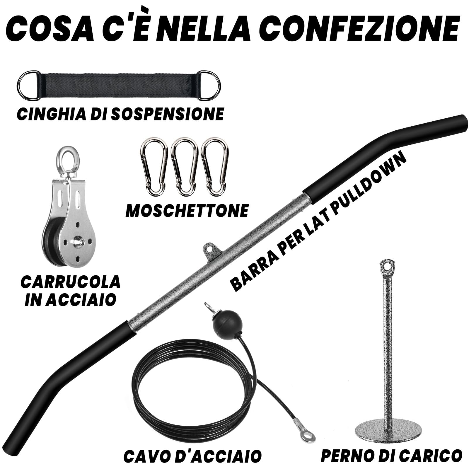Carrucola Palestra con Barra Lat Machine, DIY Fitness Attrezzi Set Cavi Petto Puleggia Palestra di 100cm Sbarra Lat Machine per Tricipiti Bicipiti Curl Allenamento Casa Home Gym Accessori