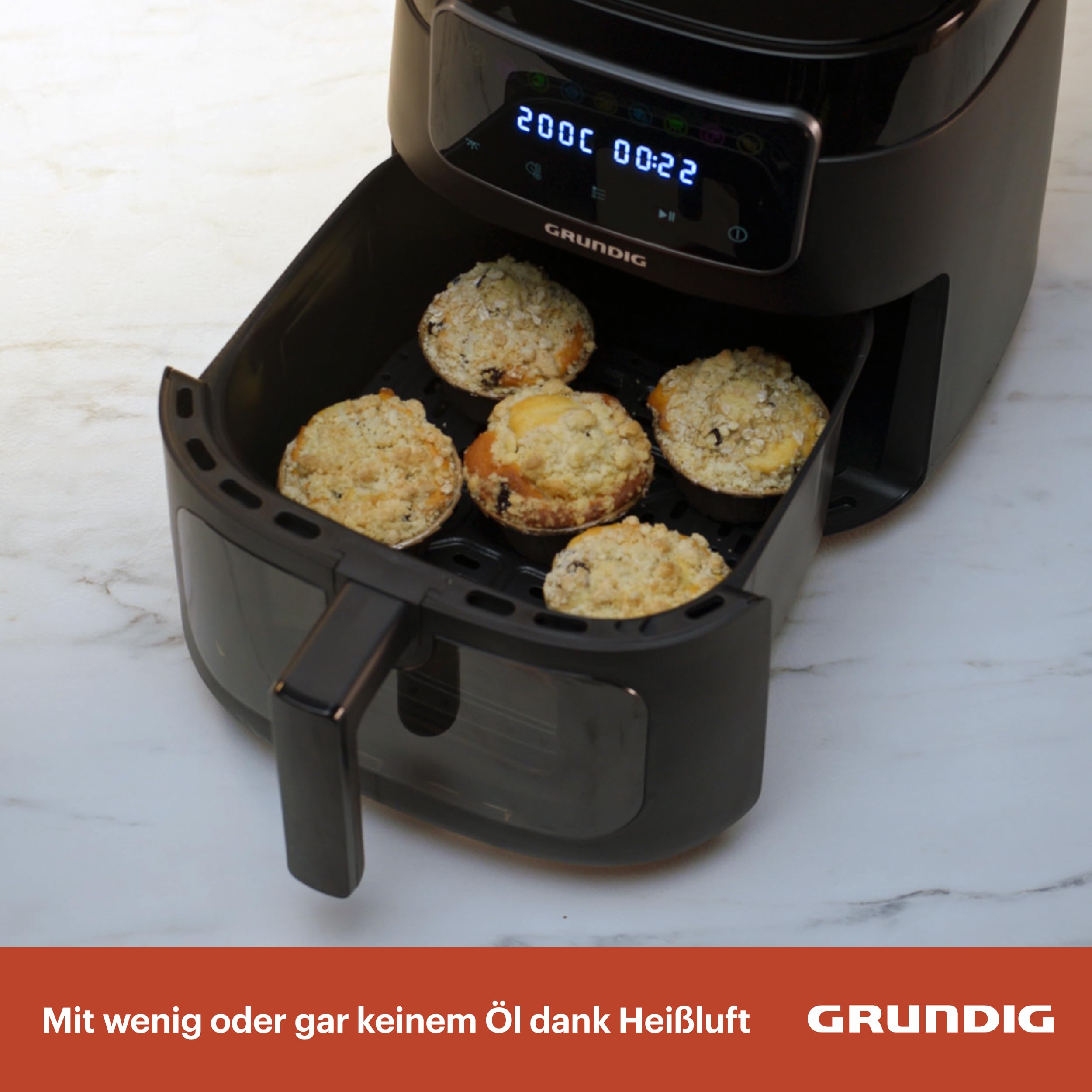 Grundig FRY 7320 Heißluftfritteuse, 7,6 l Kapazität, 1750 W, Touch-Display, großes Sichtfenster, Temperatur- und Zeiteinstellung, Antihaftbeschichtung, spülmaschinengeeigneter Korb, Schwarz