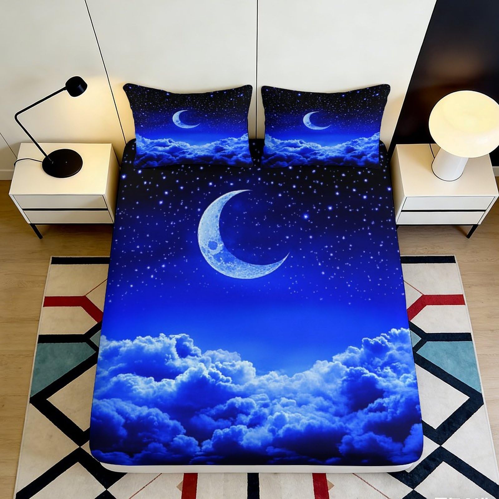 3D Printed Moon Starry Sky Fitted Sheet Microfiber Soft Blue Cloud Mattress Cover Bedroom Decor for All Ages 120x200x25cm