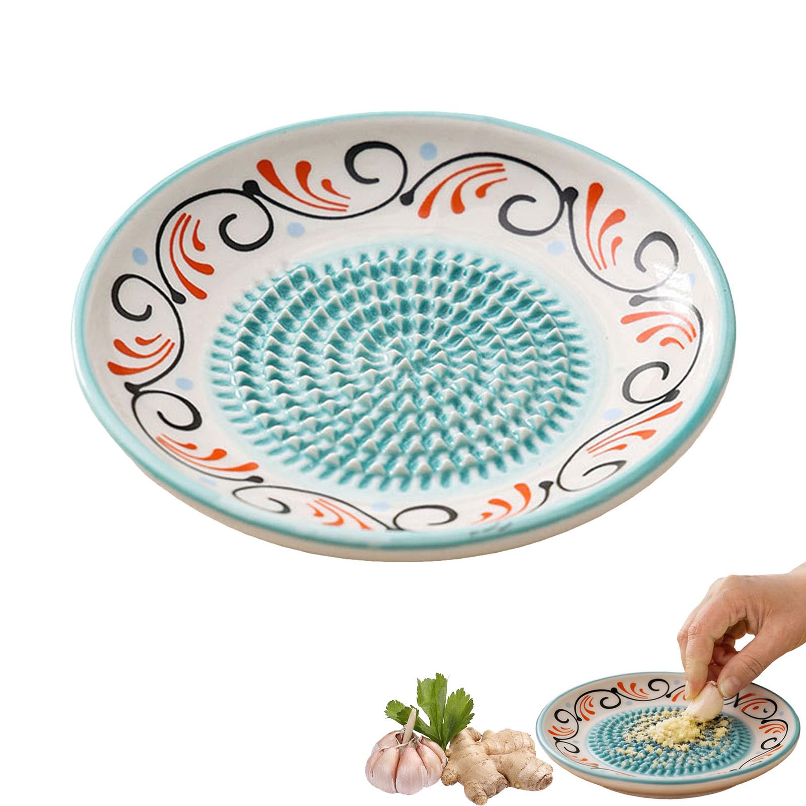 Ceramic Garlic Grater Plate Bowl,Tomato Dish Made in Spain Spanish Grating Pan Con Tomate Grater Plate Set Ginger Olive Oil Dip Herb Stripper Peeler Brush Stand Kitchen Gadget (A)