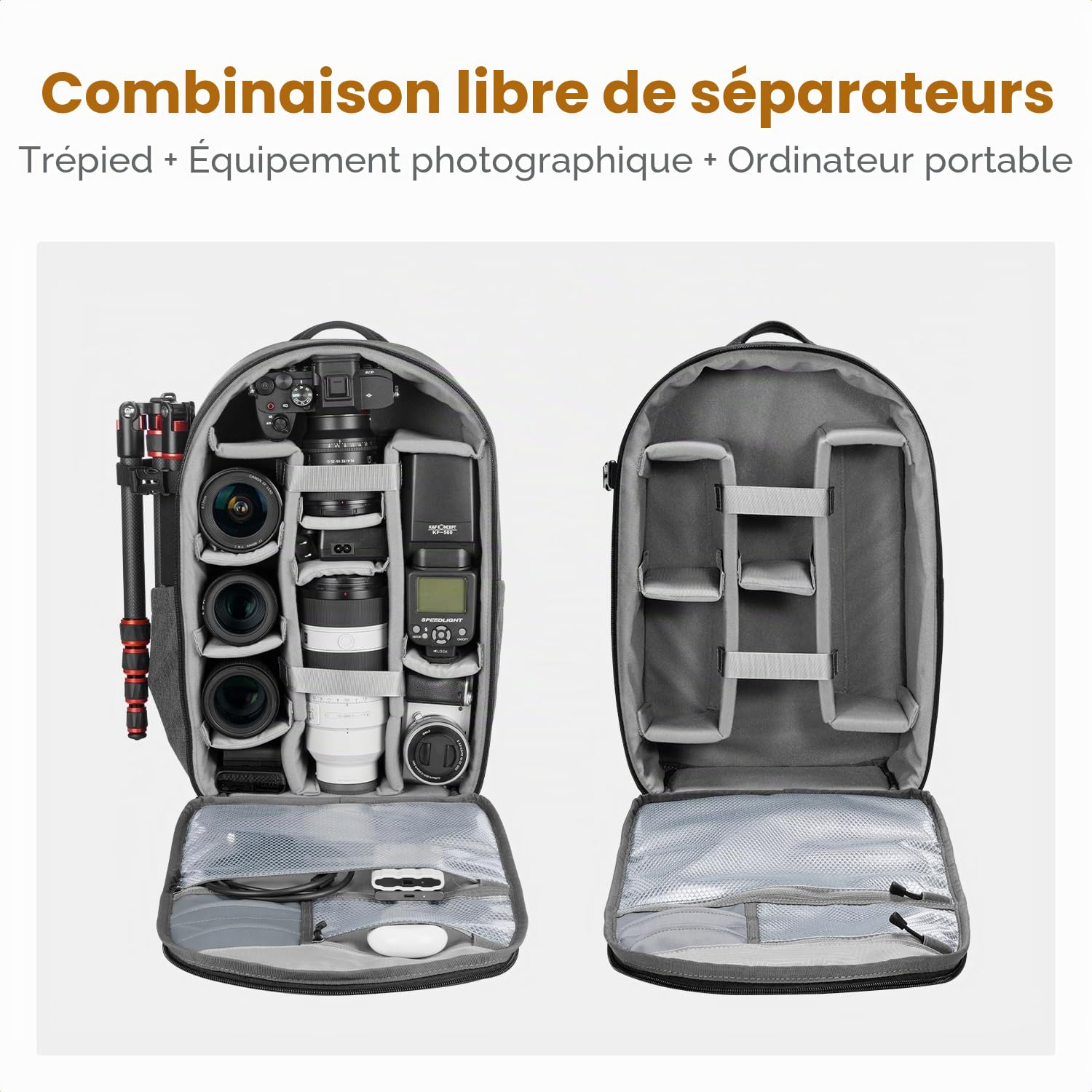 K&F CONCEPT Sac à Dos pour Appareil Photo, avec Housse de Pluie Grande capacité de 18L, avec Compartiment pour Ordinateur Portable de 15,6"