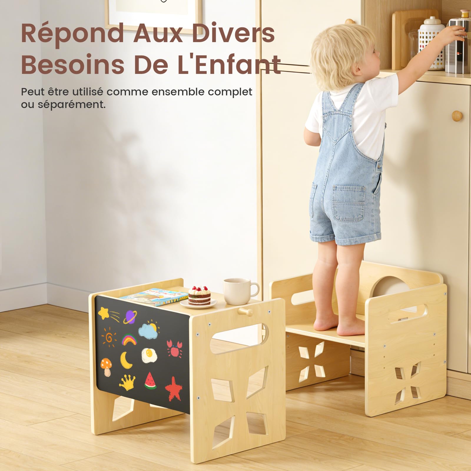 Ensemble Table et Chaise Enfant Montessori,Table Enfant avec Chaise Réglable Un Tableau Noir Table Chaise en Bois pour 1-3 Ans, pour Activité/Dessiner/Manger/Jeux