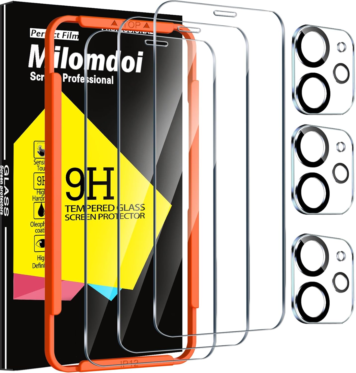 Milomdoi 3 Pack Screen Protector for Apple iPhone 12 with 3 Pack Tempered Glass Camera Lens Protector, Ultra 9H Accessories, Case Friendly, Mounting Frame, 2.5D Curved, Transparent iPhone 12 6.1 Inch