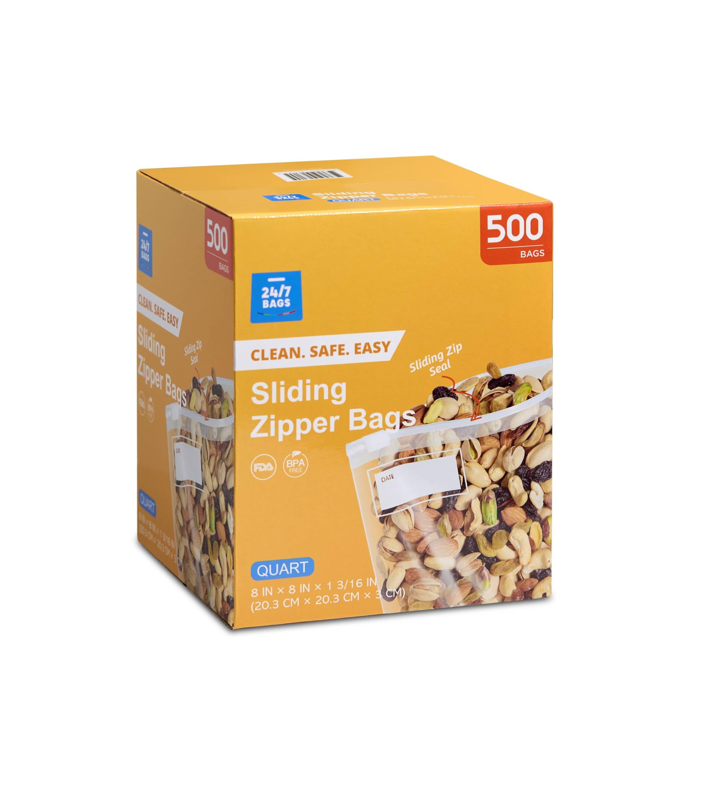 Quart Slider Food Storage Bags, 500 Count, 2 Mil, Clear with Write On Rectangle, BPA-Free, Commercial Use, Bulk Packaging