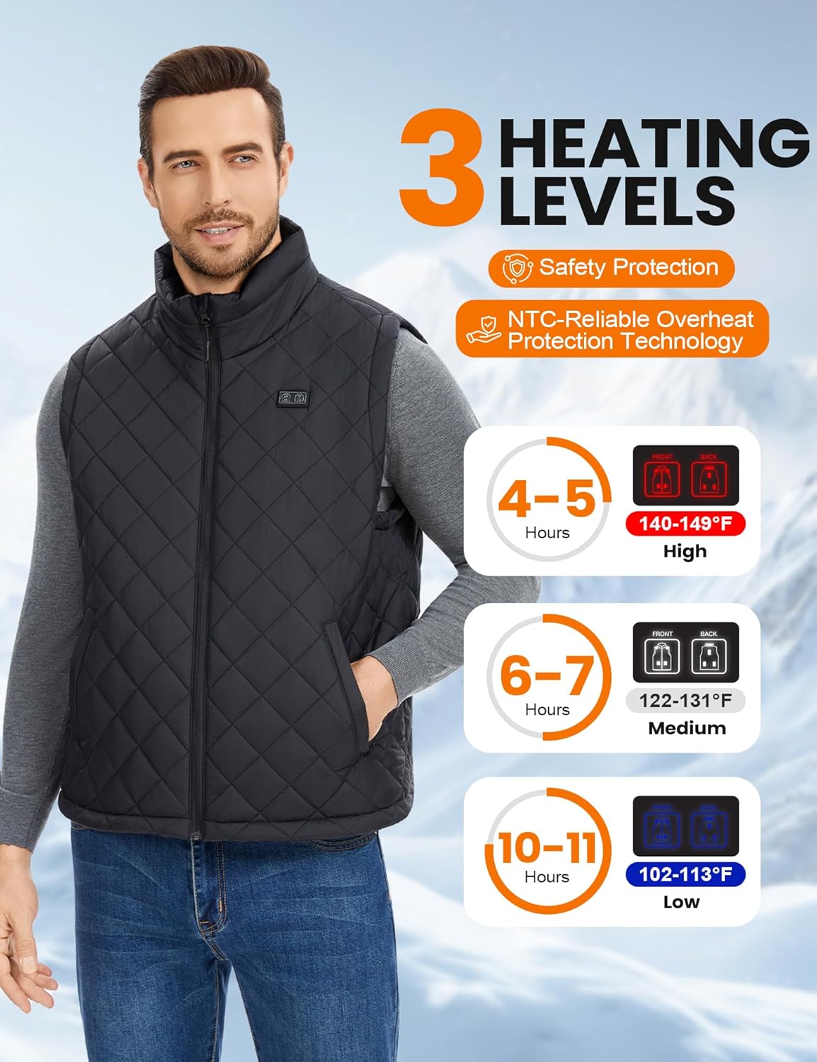 Heated Vest for Men with 18400mAh USB-C Rechargeable Battery, Quilted Heated Vests, Electric Warming Vest - Image 4