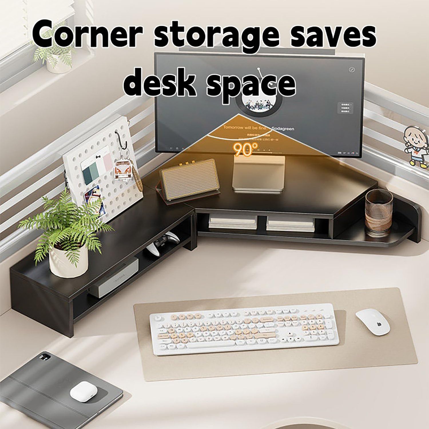 Wooden Monitor Stand, Built-In Storage, for Study Office Display