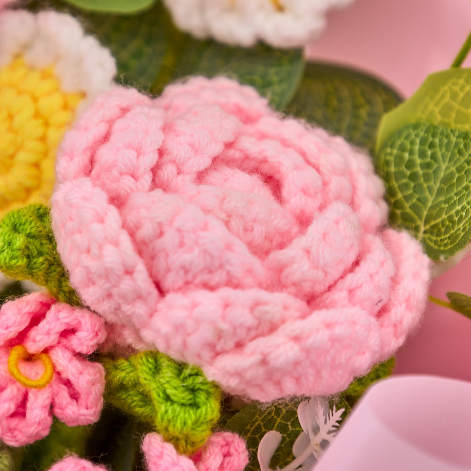 YSHomy Crochet Flowers, Crochet Flower Bouquet with Tulips, Roses & Daisy,Crochet Bouquet for Mom, Graduation Flowers, Get Well Soon Gift(Pink,Include Card)