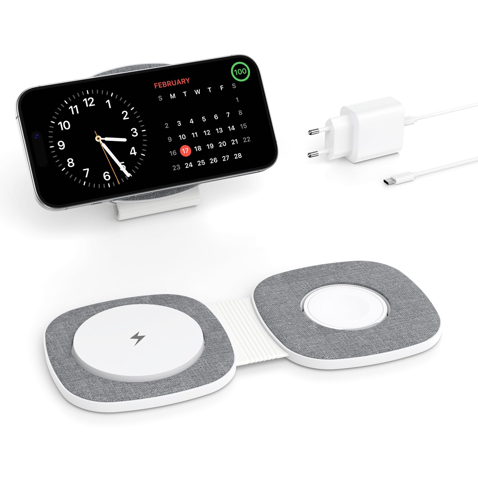 2 w 1 Składana bezprzewodowa ładowarka indukcyjna, kompatybilna z MagSafe, iPhone 17/16/15/14/13/12, Apple Watch 11–1, AirPods Pro, z szybkim adapterem 20W | Przyjazna w podróży kompaktowa konstrukcja, składana przenośna, adapter PD 20 W w zestawie