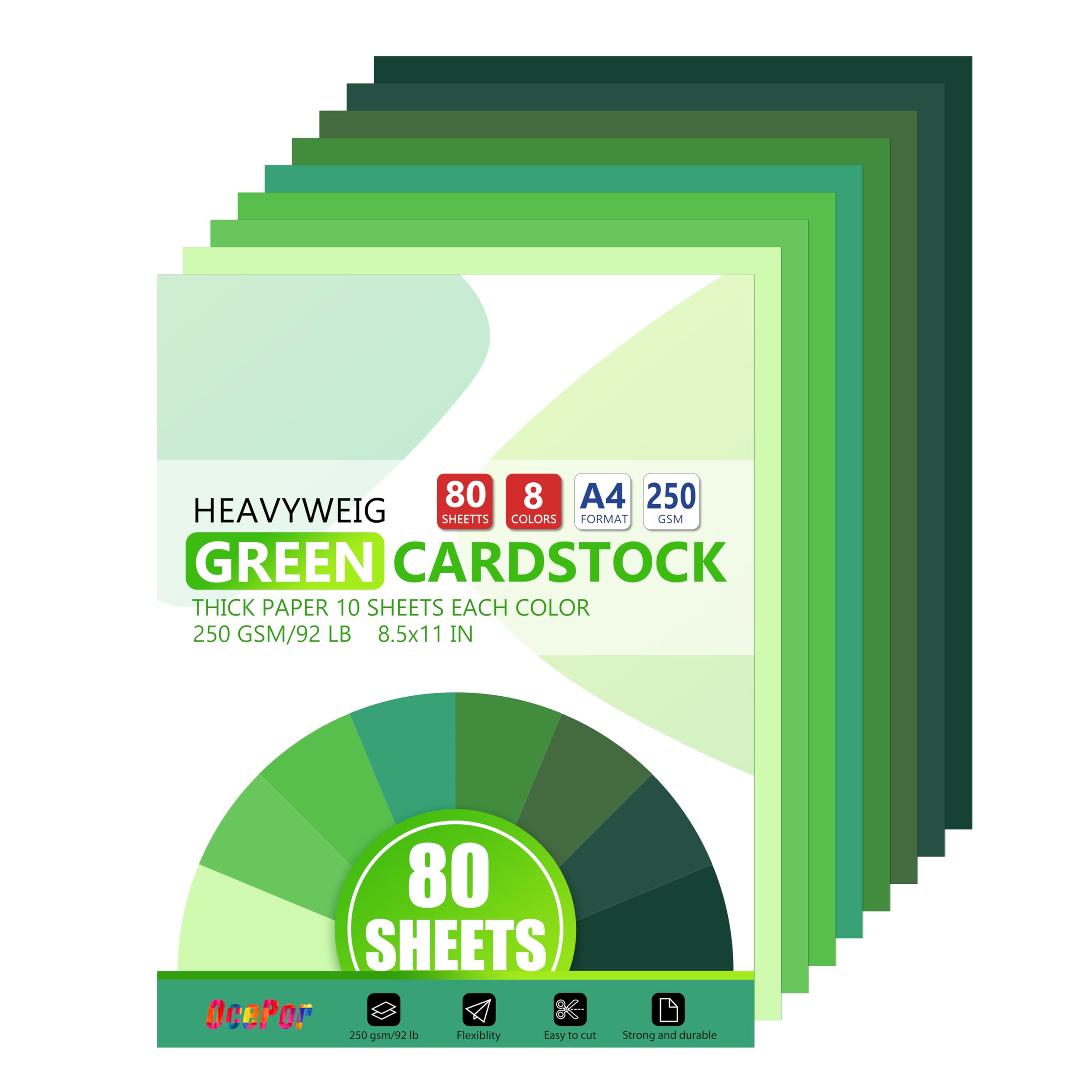 OcePor 80 Sheets Green Cardstock Paper, Colored Printer Paper 8.5 x 11, Thick Construction for Cards Making, Scrapbook，Office Printing, Invitations,