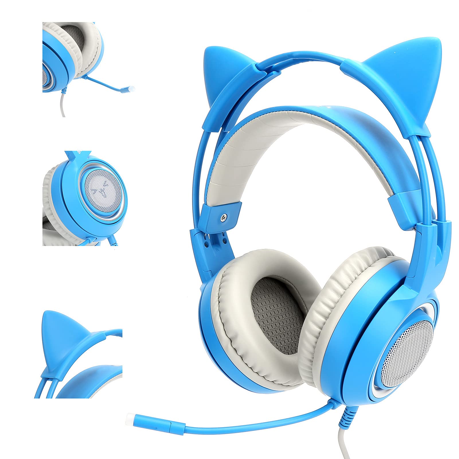 Lazmin112 Cuffie da Gioco con Orecchie di Gatto da 3,5 Mm per PC, Riduzione del Rumore Comfort Cuffie Stereo Professionali Universali con Microfono (Blu)