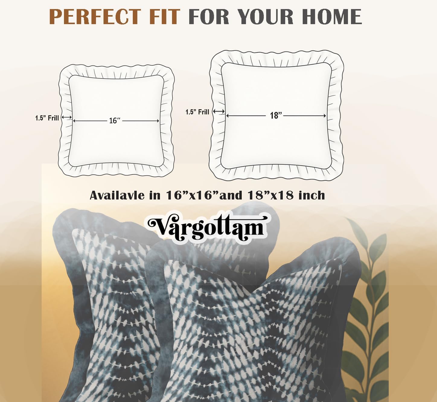Farmhouse Style Frill Pillow Covers 16x16 Cotton Cushion Covers Set of 2, Tie Dye Print, Double Side Printed, Zipper Closure