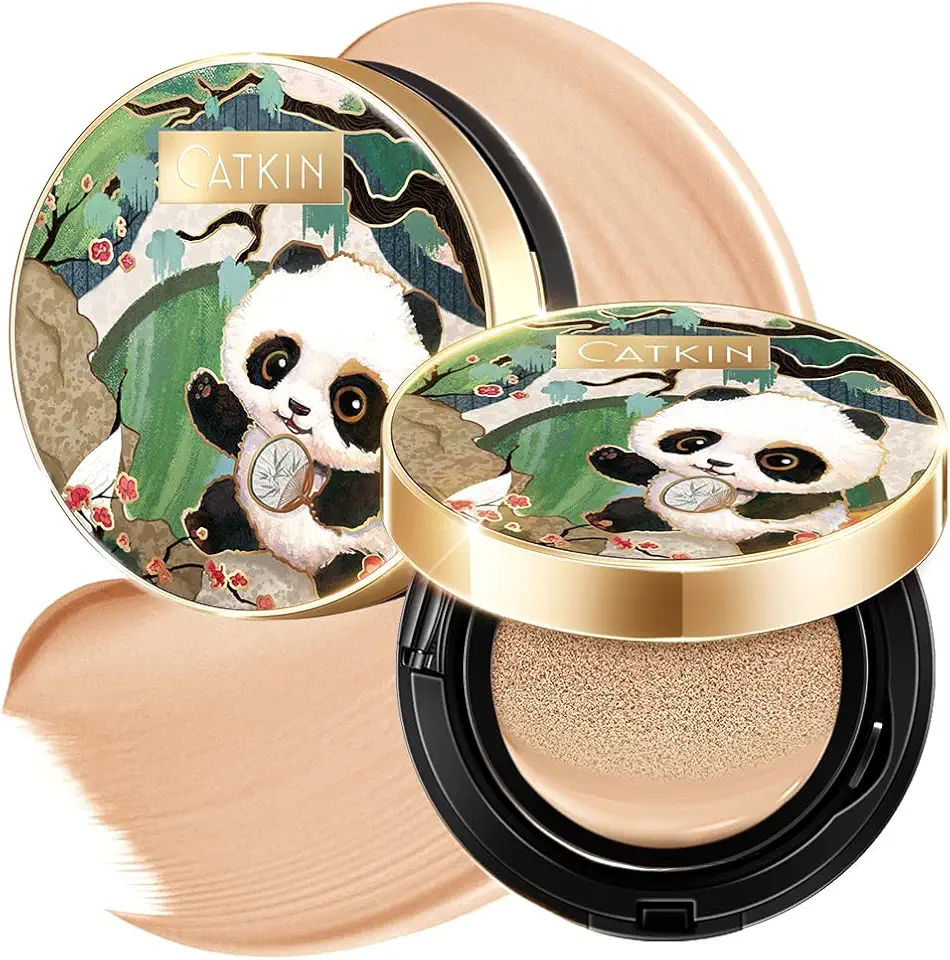 CATKIN Panda Land Cobertura Completa Almofada Fondation, Respirável Hidratante Nutritivo Poreless Maquiagem para Rosto Salvar para Pele Sensível, Acabamento Transparente (W12 Dourado Médio)