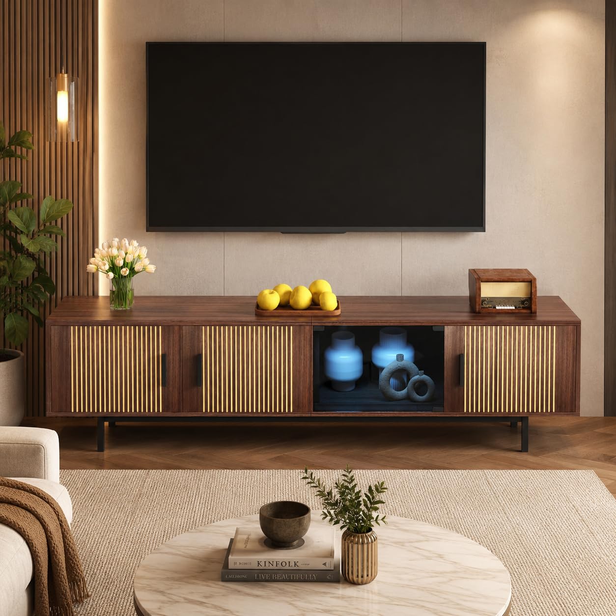 OLIVIBED TV Stand Cabinet with 4 Doors, TV Cabinet Suitable for up to 80'' TV, Modern Entertainment Cabinet with Storage, TV Unit for Living Room Office Bedroom, Black and Wood