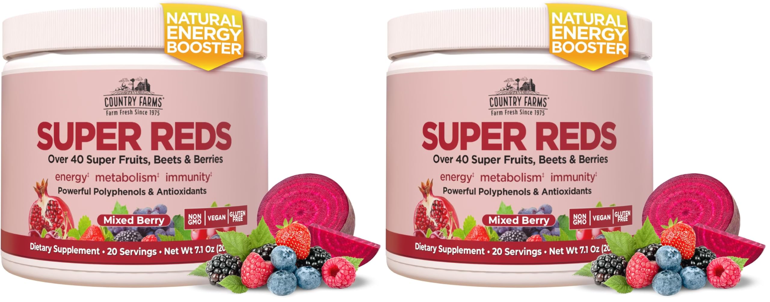 Country Farms Super Reds,Energizing Polyphenol Superfood,48 Super Fruits and Berries,Powerful Antioxidants and Polyphenols,Supports Energy,20 Servings,Mixed Berry Flavor,(Pack of 2) 7.1 Ounce (Pack of 2) Mixed Berry