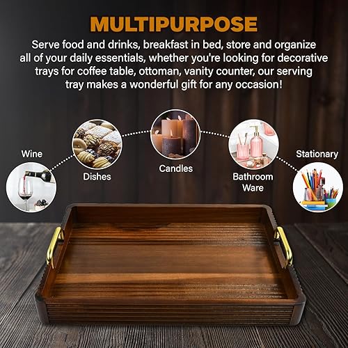 Miniatura 6 de Bandeja de madera de acacia con asas de metal  Bandeja otomana decorativa rústica y mesa auxiliar de 17 x 12 pulgadas para desayuno en la cama,