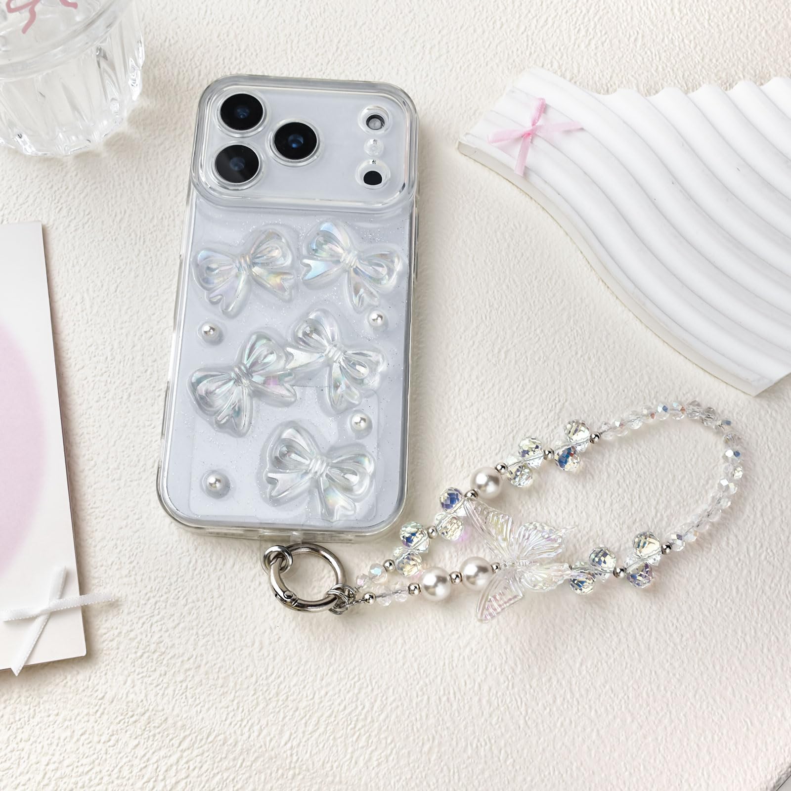 Fycyko Beaded Phone Wrist Strap,Crystal Glitter Cute Butterfly Keychain Wristlet,Phone Chain Wristlet Purse Bag Charms — view 6