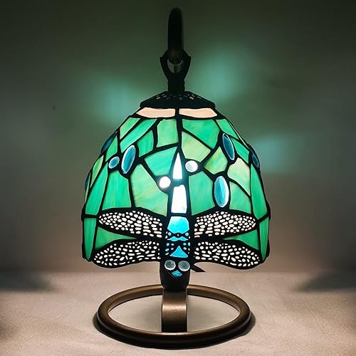 Miniatura 6 de Tiffany Lámpara de mesa Luz de noche W6* H10 pulgadas de estilo libélula verde Pantalla de vidrieras en línea Interruptor de botón