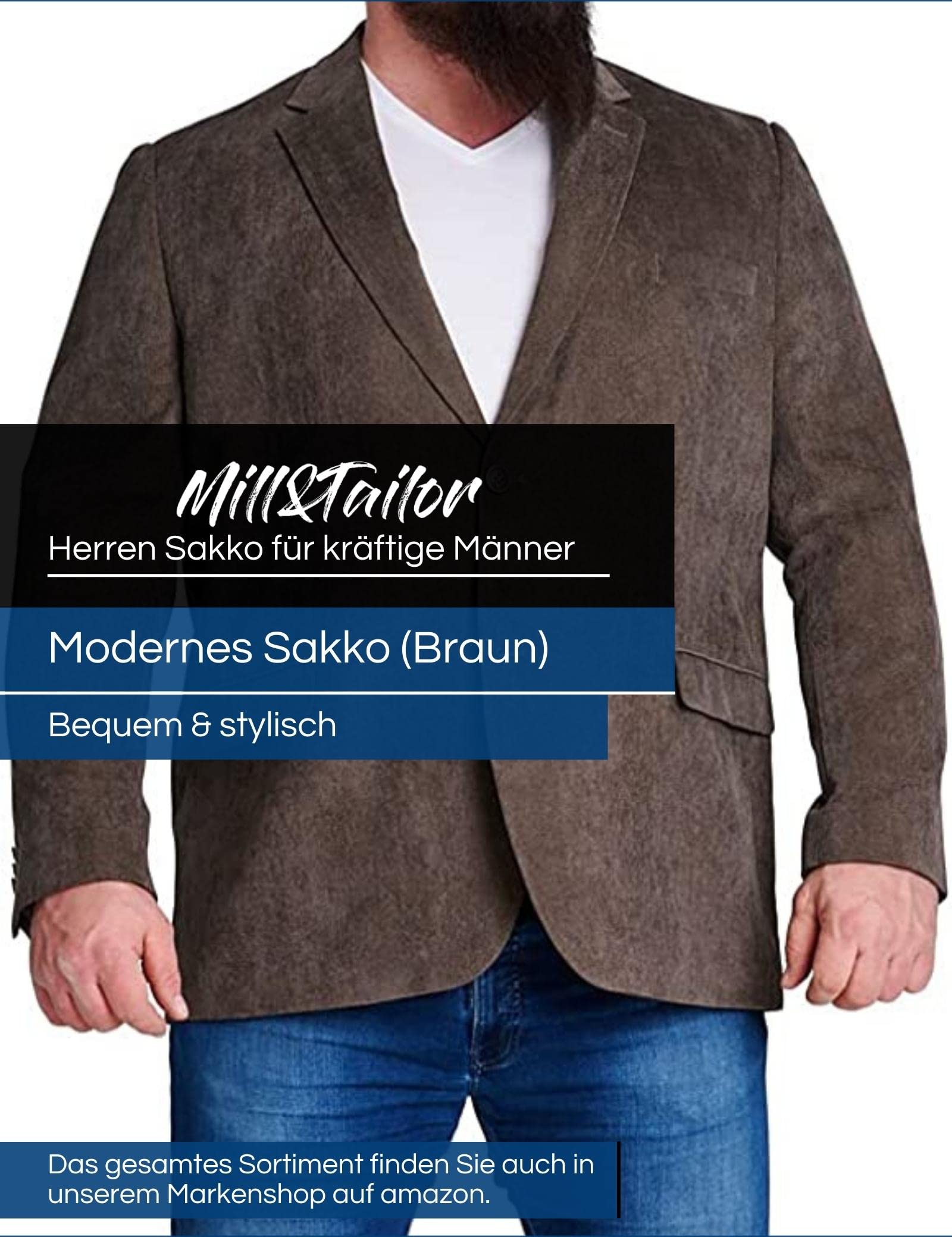 Mill&Tailor Herren Sakko Braun I Jackett für Männer I Einreiher Sakko I Modern & Sportlich I Sakko für Hochzeit & Business I Herrensakko für kräftige Männer