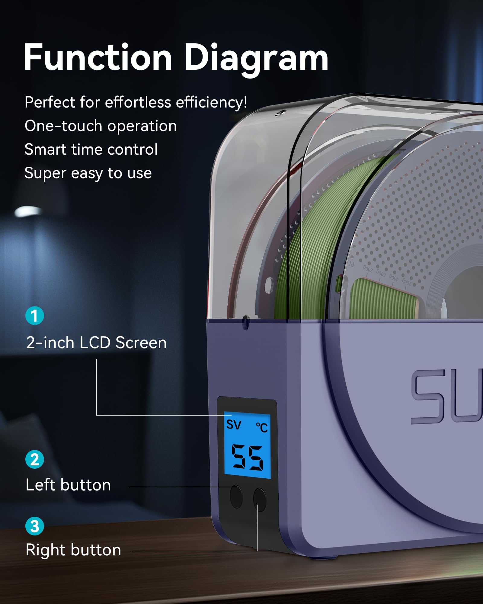 SUNLU Asciugatore per Filamenti Ufficiale con Ventilatore a Circolazione, Scatola di Stoccaggio ed Essiccazione per Filamenti Stampante 3D 1.75 2.85 3.00mm, S1 Plus Grigio Blu