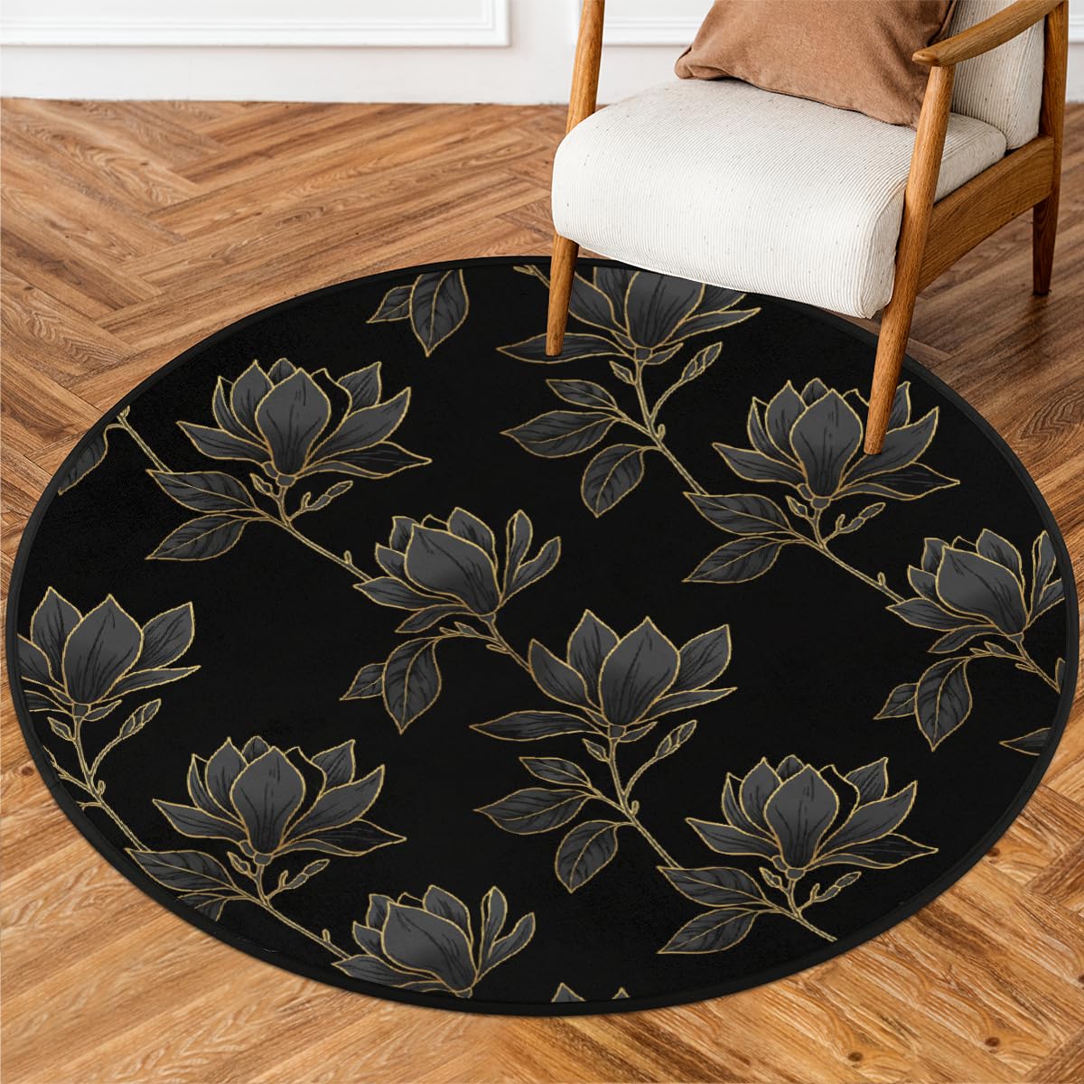 Tapis rond magnolias noirs 160 cm lavable et antidérapant pour salon et chambre
