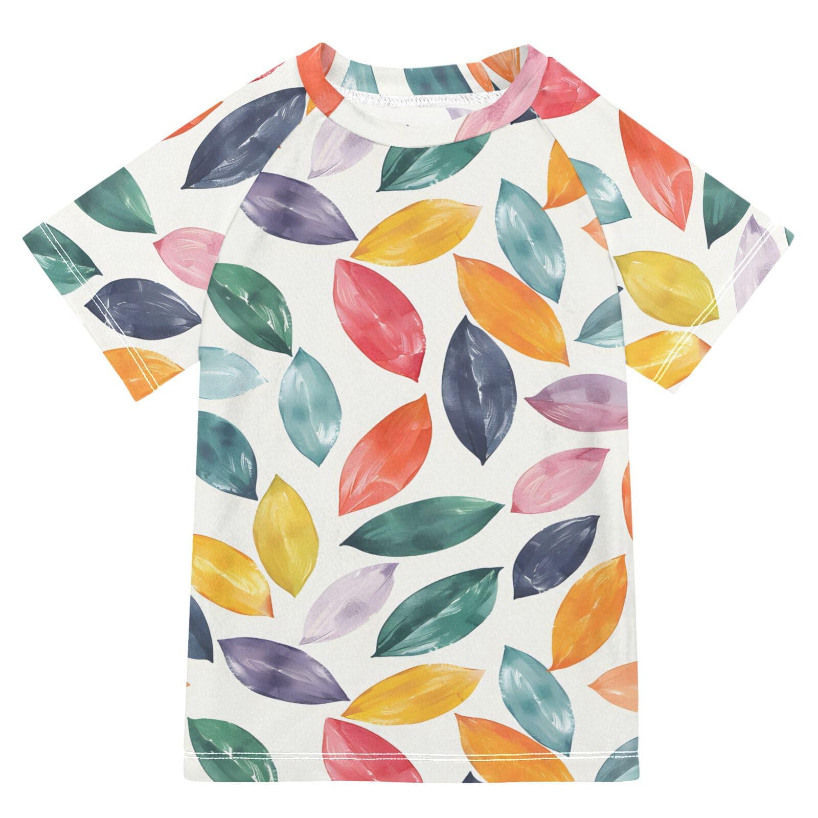 Boys Rash Guard Short Sleeve Swim Shirts for Boys Coloured Leaf Sun Protection 7-8T