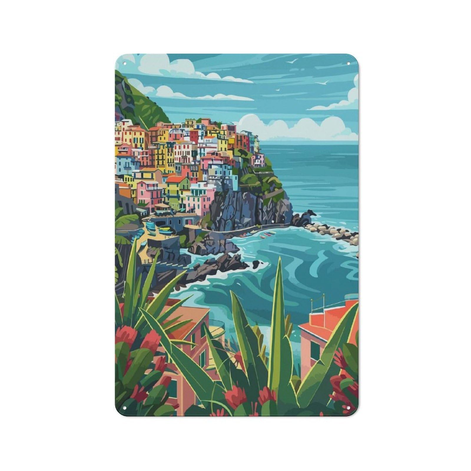Junmoney Italy Cinque Terre Town Minimalist Art Vintage Metal Plaque 30X20cm, Bistro Wall Plaque For Coffee Bar, Kitchen, Bistro Or Tea Corner