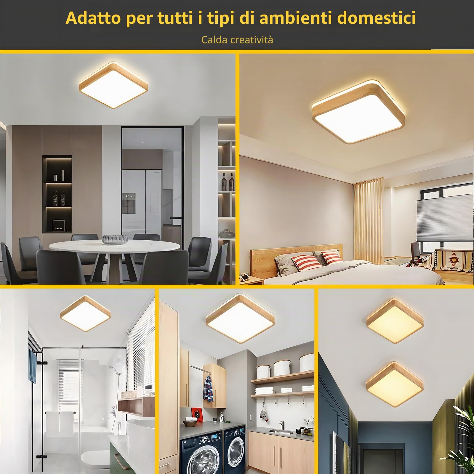 Plafoniera LED In Legno | Ø30cm 3000K 1620Lm 18W | Lampada Soffitto Quadrata In Legno Naturale Con Luce 360°, Camera Letto Soggiorno Cameretta Dei Bambini Cucina Sala Pranzo (Bianco Caldo)