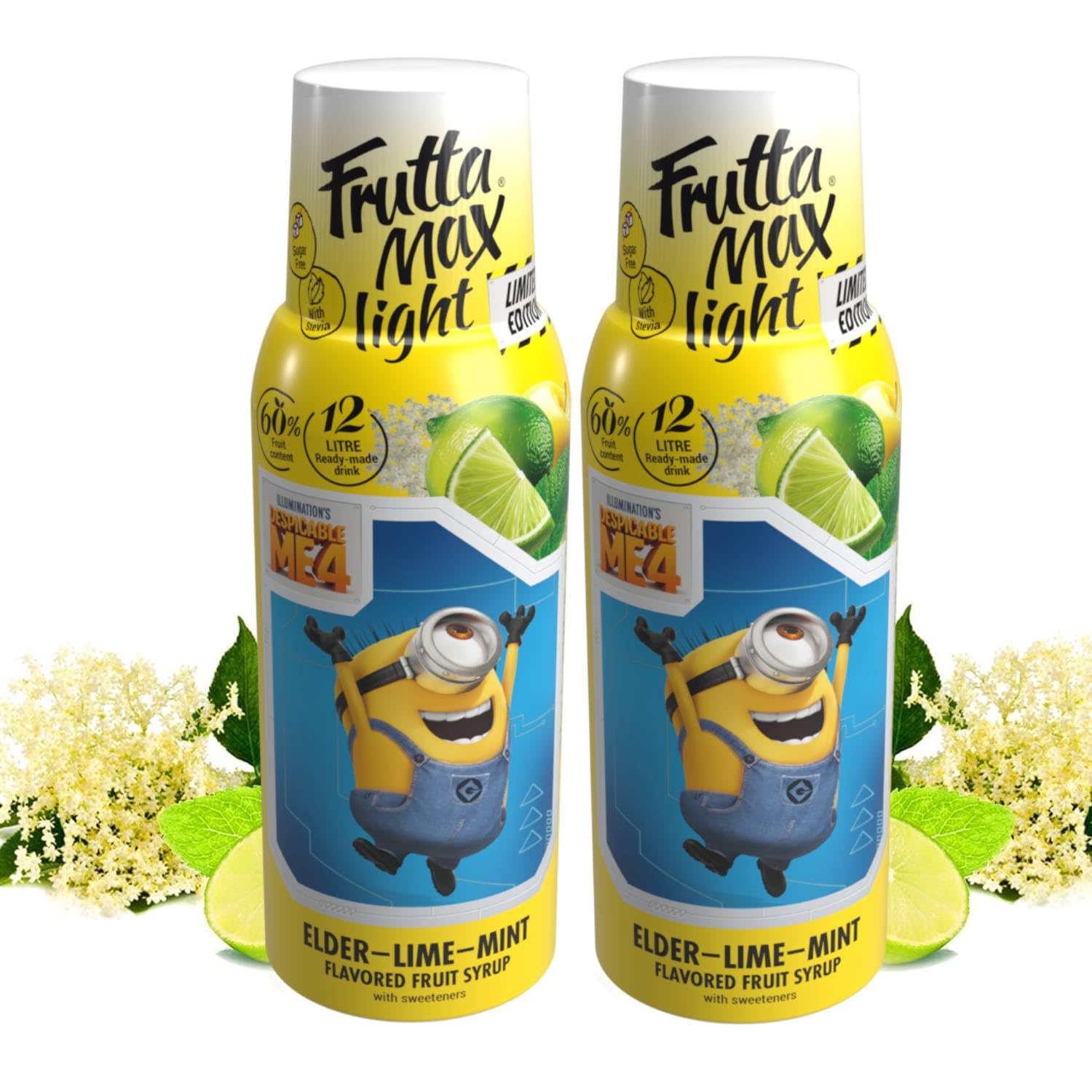 2 paquetes - Light - Bajo en carbohidratos - Jarabe de fitness de FruttaMax | Azúcar Cero | con Stevia | 50-60% Contenido de Fruta (2x500ml) (2 x Minions Flor de Saúco-Lima-Menta - Light)