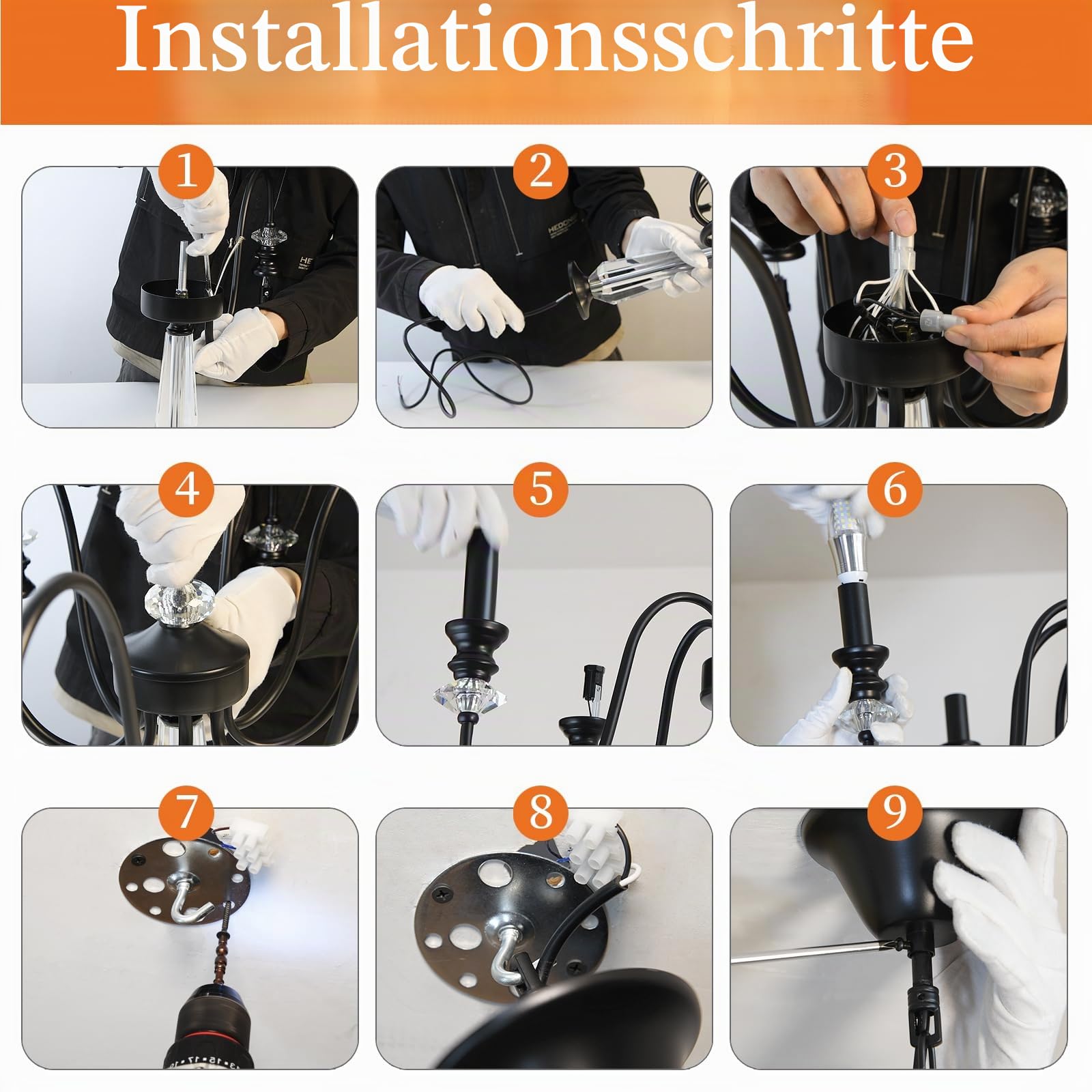 Kronleuchter Schwarz, 8 Flammig Rustikale Kronleuchter Vintage Pendelleuchte Wohnzimmer, Antik Deckenlampe Schlafzimmer Hängend mit E14 Fassung, Einstellbare Höhe Klassischer Lüster für Esstisch Flur
