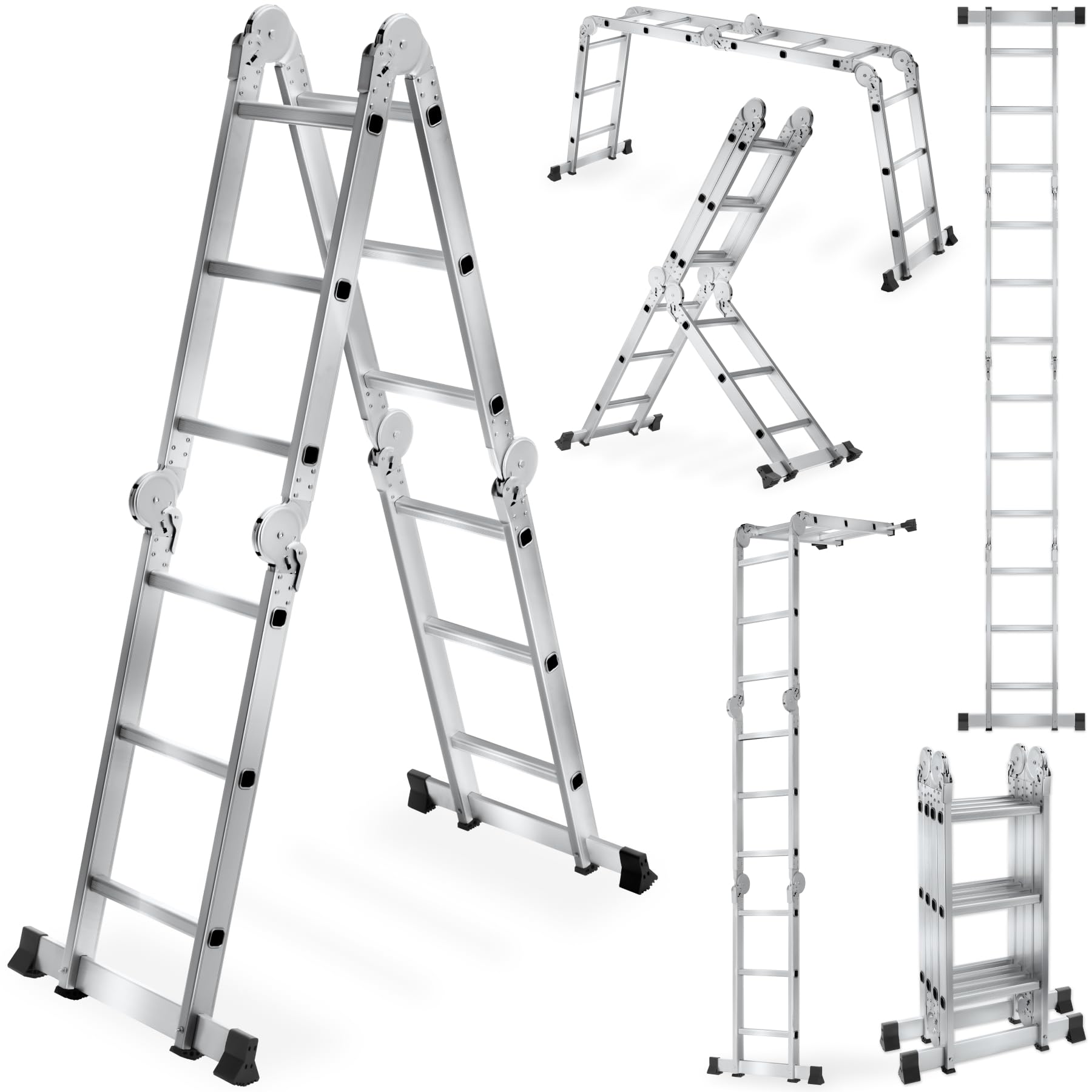tectake® 6-in-1 Multi-Purpose Extendable Ladder, 3.5m / 11.5ft, 12-Step Folding Ladder in Aluminium & Steel, 150 kg Load, Combination Ladder with Compact Storage, Locking Hinges & Non-Slip Feet