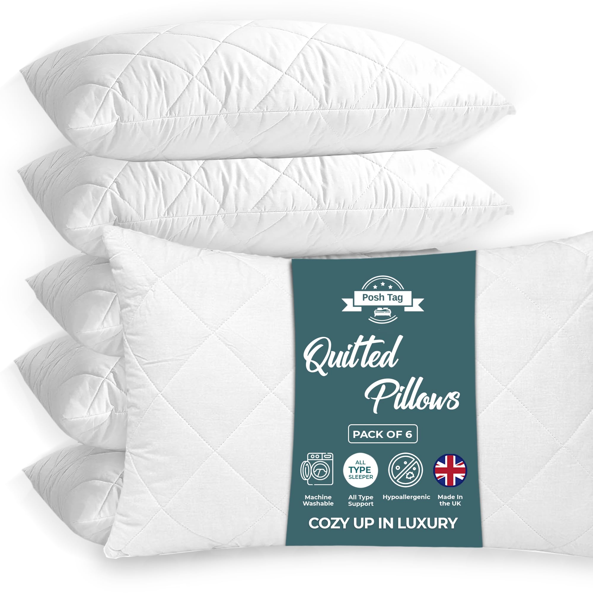 Posh Tag Pillows 6 Pack Hotel Quality Hollow Fiber Filled Comfortable & Breathable Non-Allergenic Pillow Sleeping, Hypoallergenic, Back and Down Support Alternative Bed Pillows 48cm x 74cm