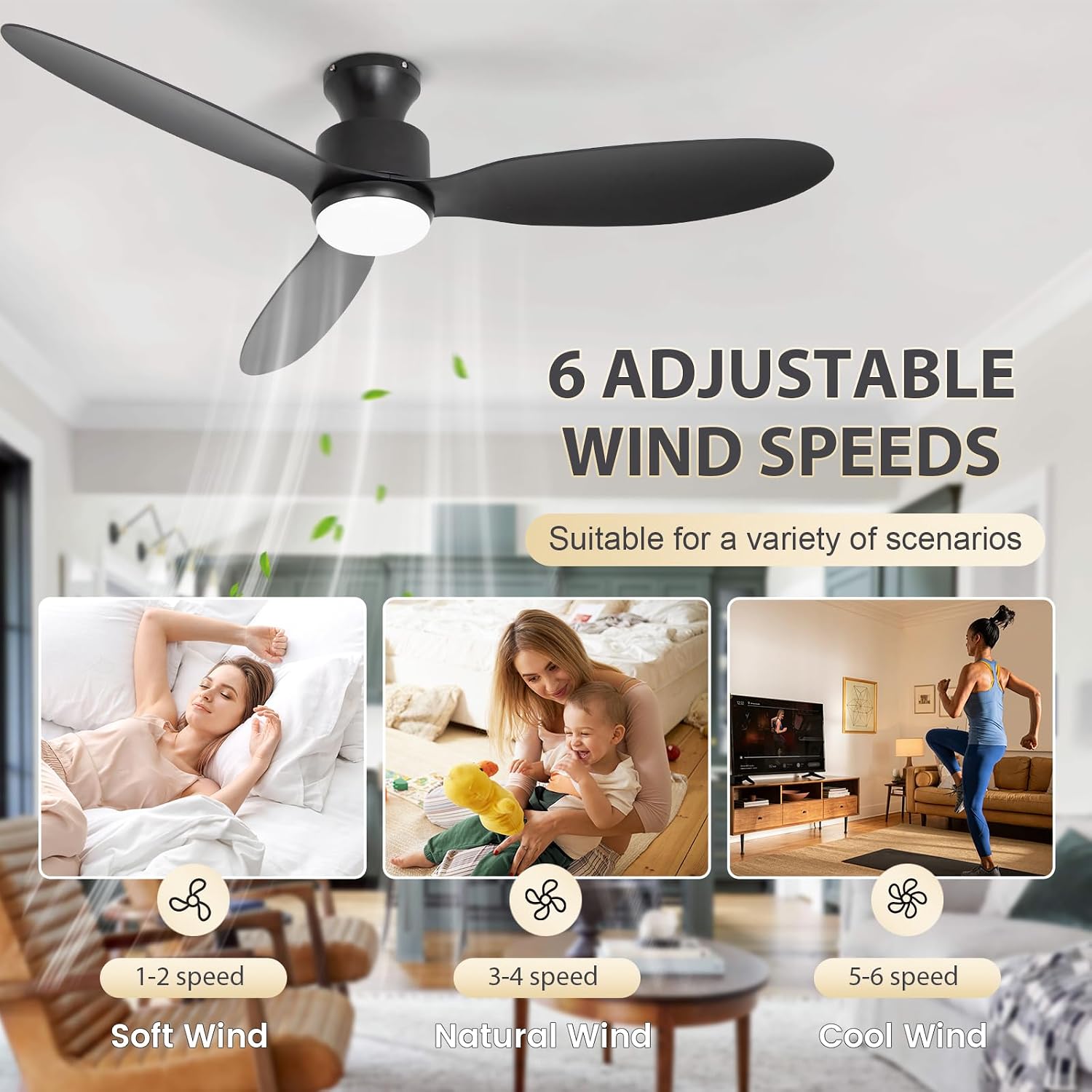52 inch Black Ceiling Fans with Lights, 3 ABS Black Blade Flush Mount Low Profile Ceiling Fan for Bedroom. 6 Speed Reversible Motor 3CCT Dimmable, Modern Indoor Outdoor Fans with Remote Control