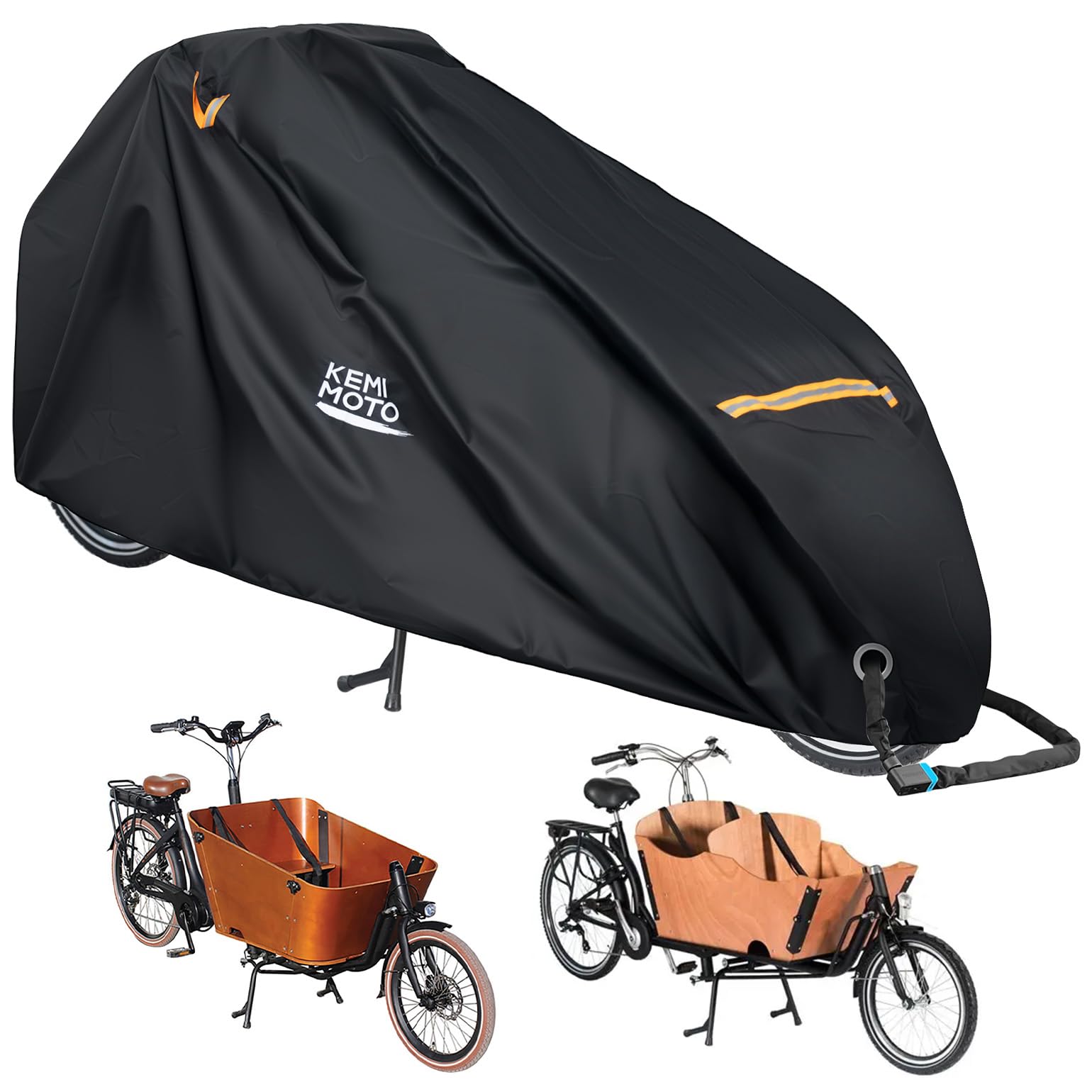 KEMIMOTO Fahrradabdeckung Outdoor, 420D Heavy Duty für Erwachsene 2 Rad Cargo Fahrräder, Regenschutz zur Aufbewahrung, wasserdicht mit UV- und Windschutz, zusammenklappbar, extra große E-Bike-Plane