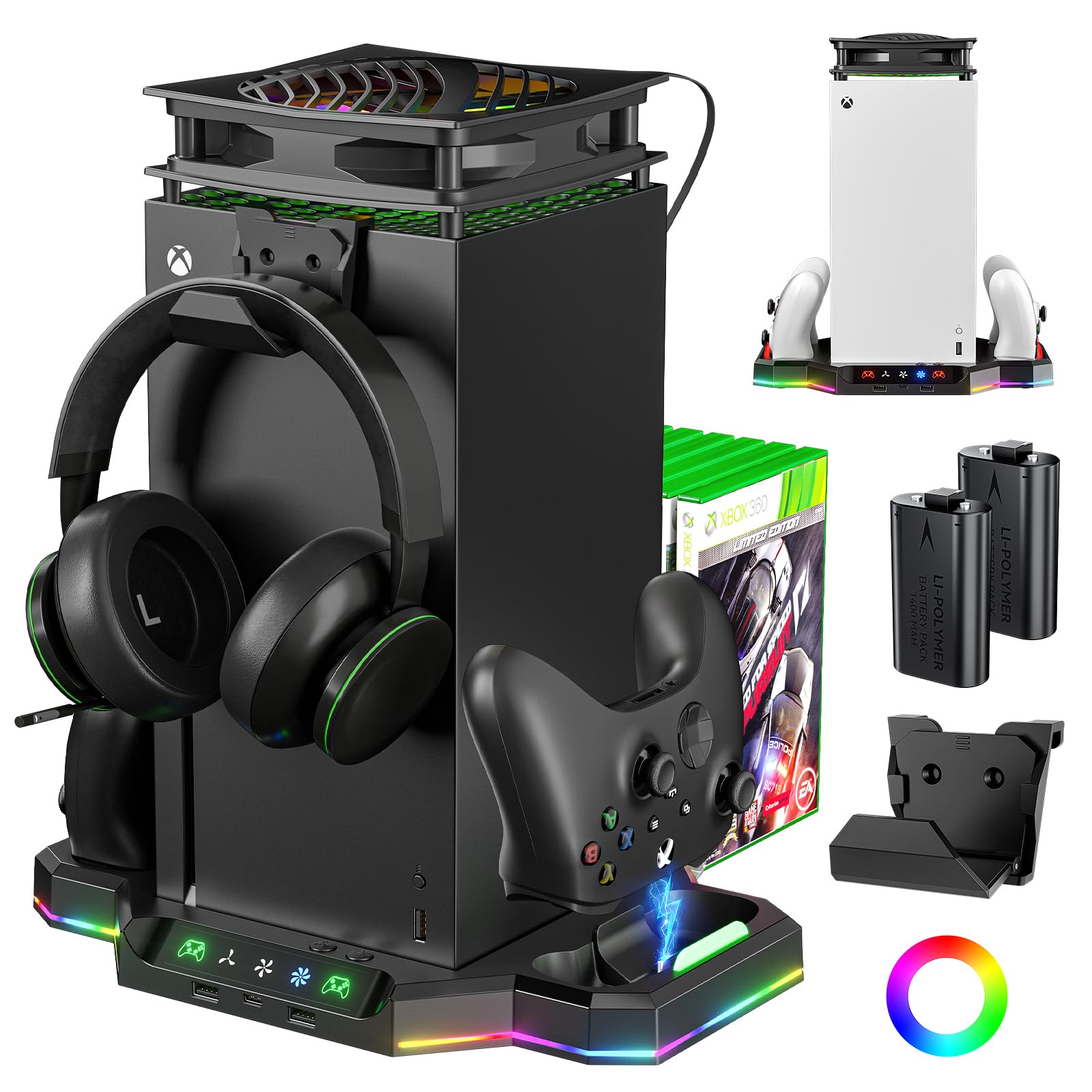 Cooling Fan Charging Stand for Xbox Series X Vertical Cooler System Dual Controller Charger Station Dock with 2