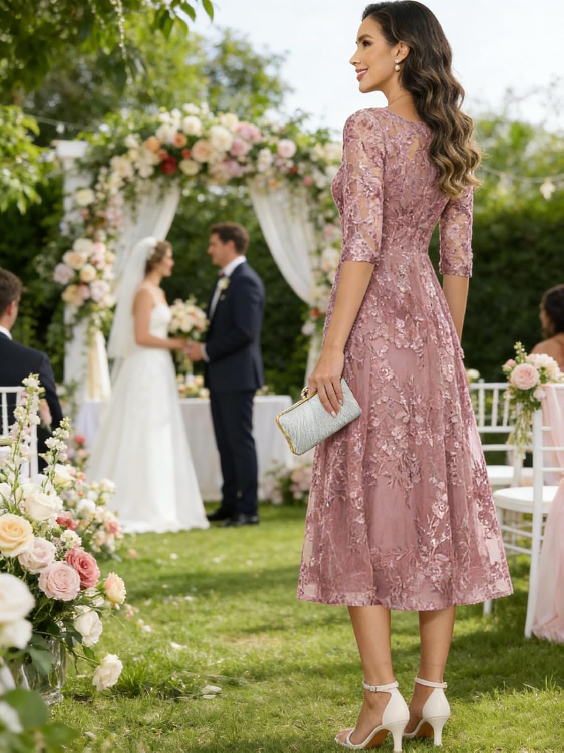 A-Line Mother of The Bride Dress Sequin Tulle Lace Applique Tea Length 3/4 Sleeves Formal Wedding Guest Dress - Image 2