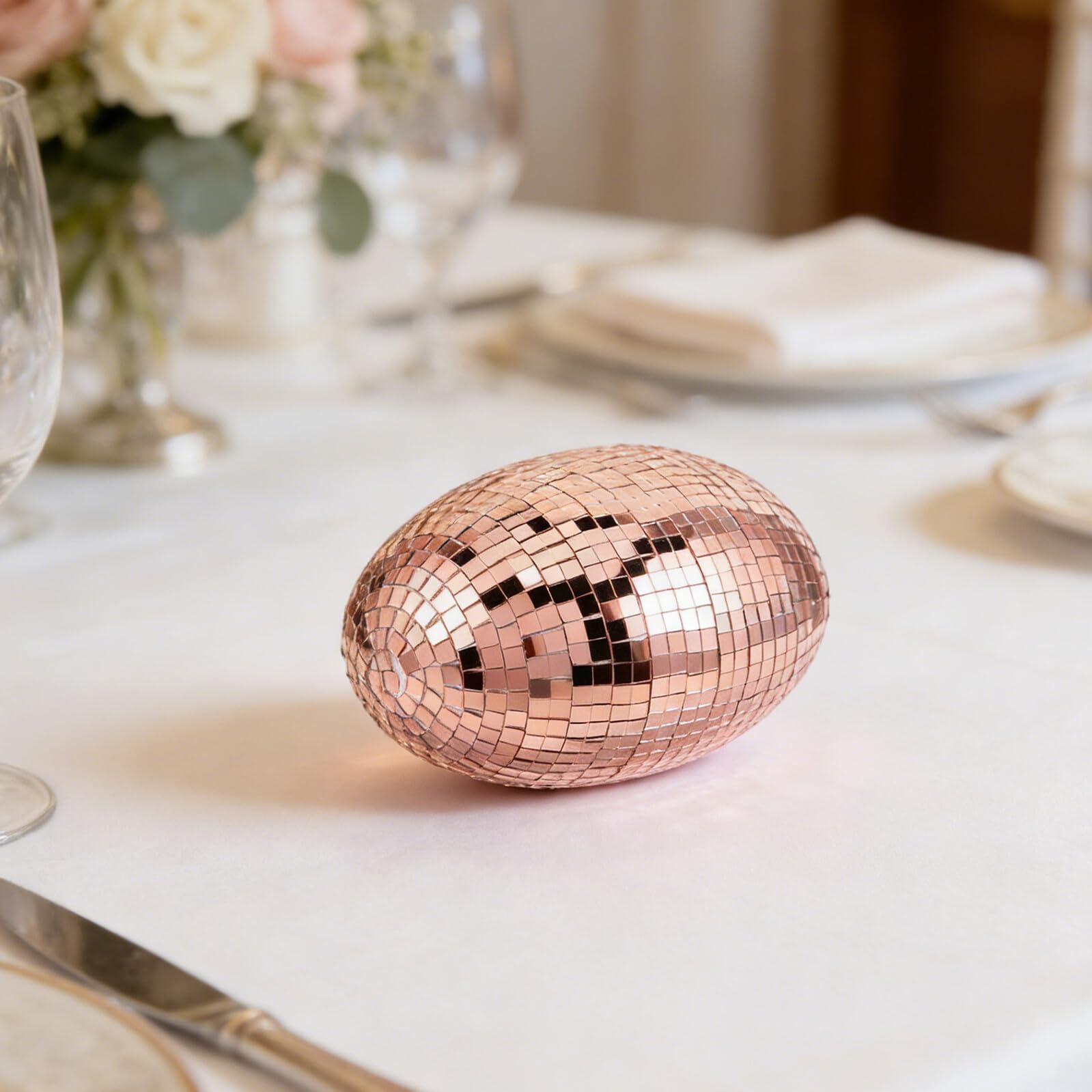 Veemoon Uovo Decorativo a Specchio Riflettente per Pasqua 23x18x14,5 Cm, Palla da Discoteca Rosa Oro per Matrimonio e Feste, Accessorio Fotografico per Ktv e Giardino, Centrotavola