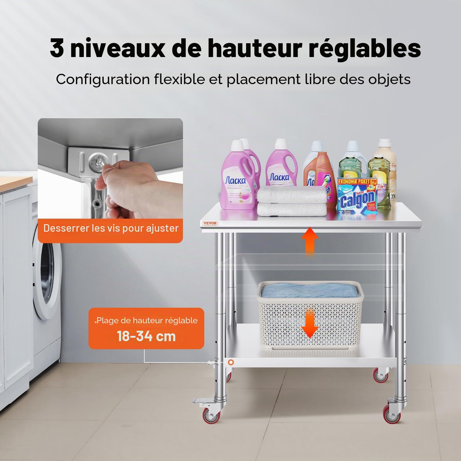 VEVOR Table de Travail Cuisine 90 x 60 x 85 cm, Table de Travail INOX avec roulettes et Freins, Capacité de Charge Totale 204 kg pour Préparation des Aliments aux Restaurant