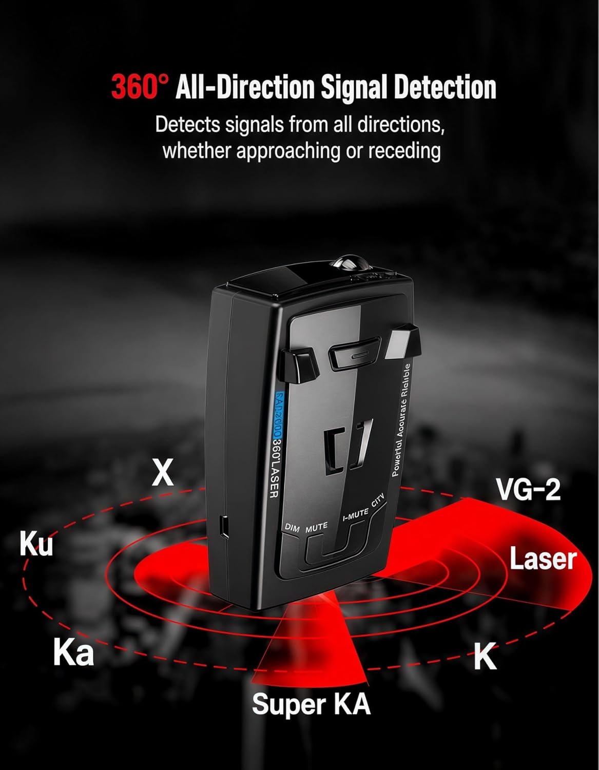 Radar Long Range Vehicle Signal Detector, 360° Full-Band Detection with X/K/Ka/Ku Signal Support, City & Highway Modes, DSP Noise Reduction, Voice Alerts, Memory Function for Safer Driving