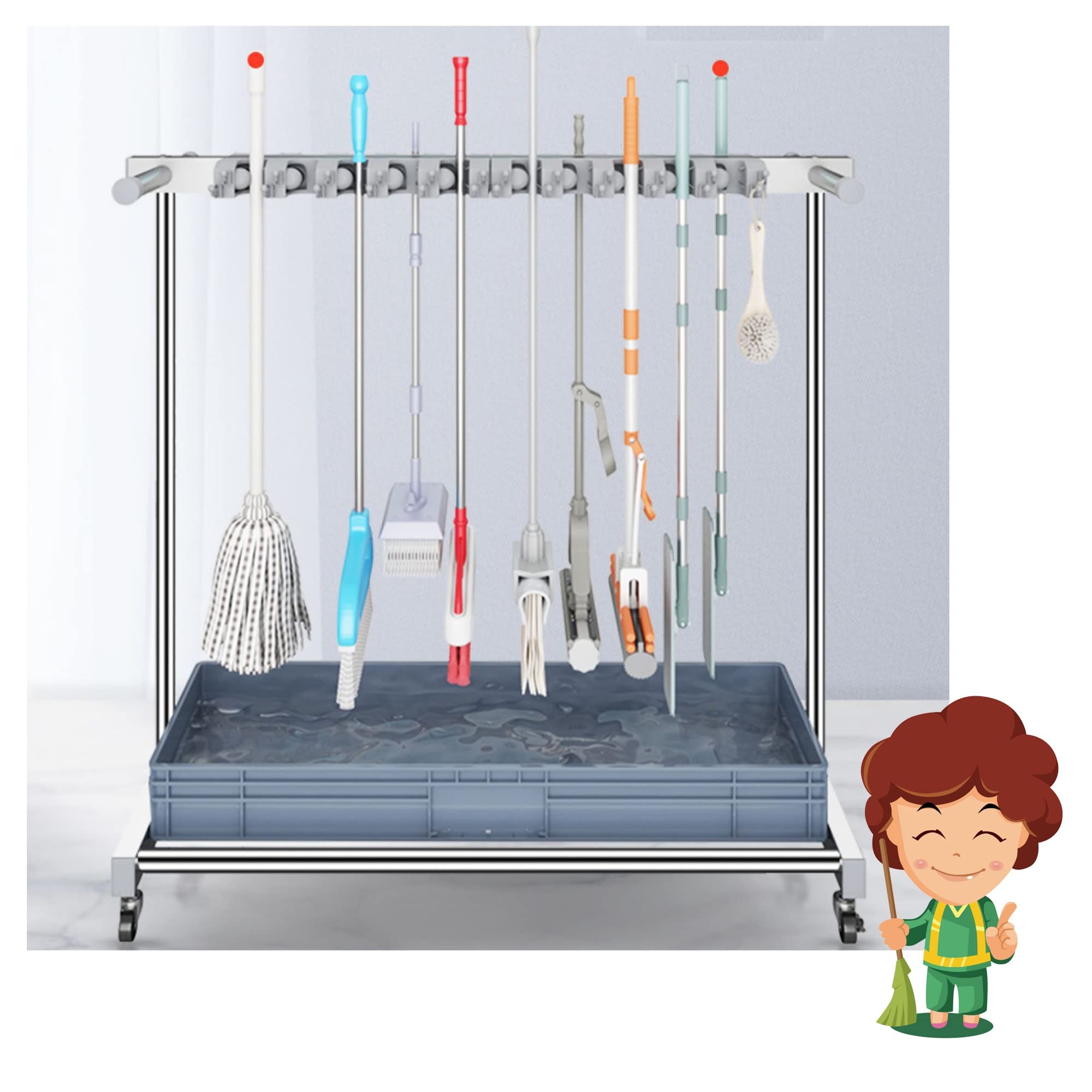 Racks Movable Broom Mop Holder, Floor Standing Cleaning Tool Cart Storage,Cleaning Supplies Organizer,Wet Mop Drain Rack Garden Tool Hanger Shelf with Wheels,For Garage Garden Hospitals Schools Hotels