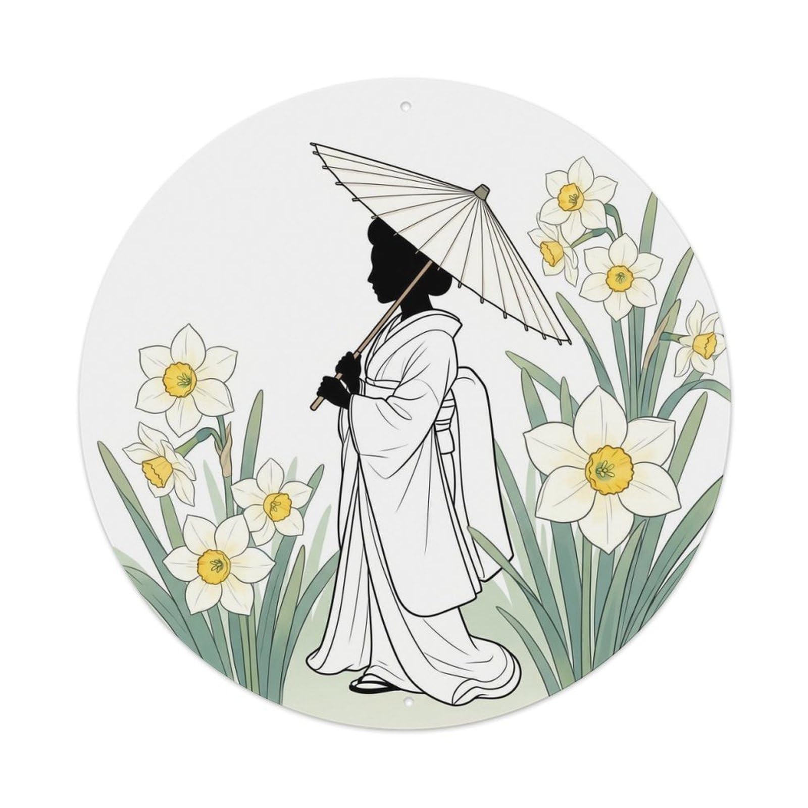 Galvaxio Style Japanese Kimono Woman White Narcissus Blossom Graceful Line Art Metal Tin Sign
