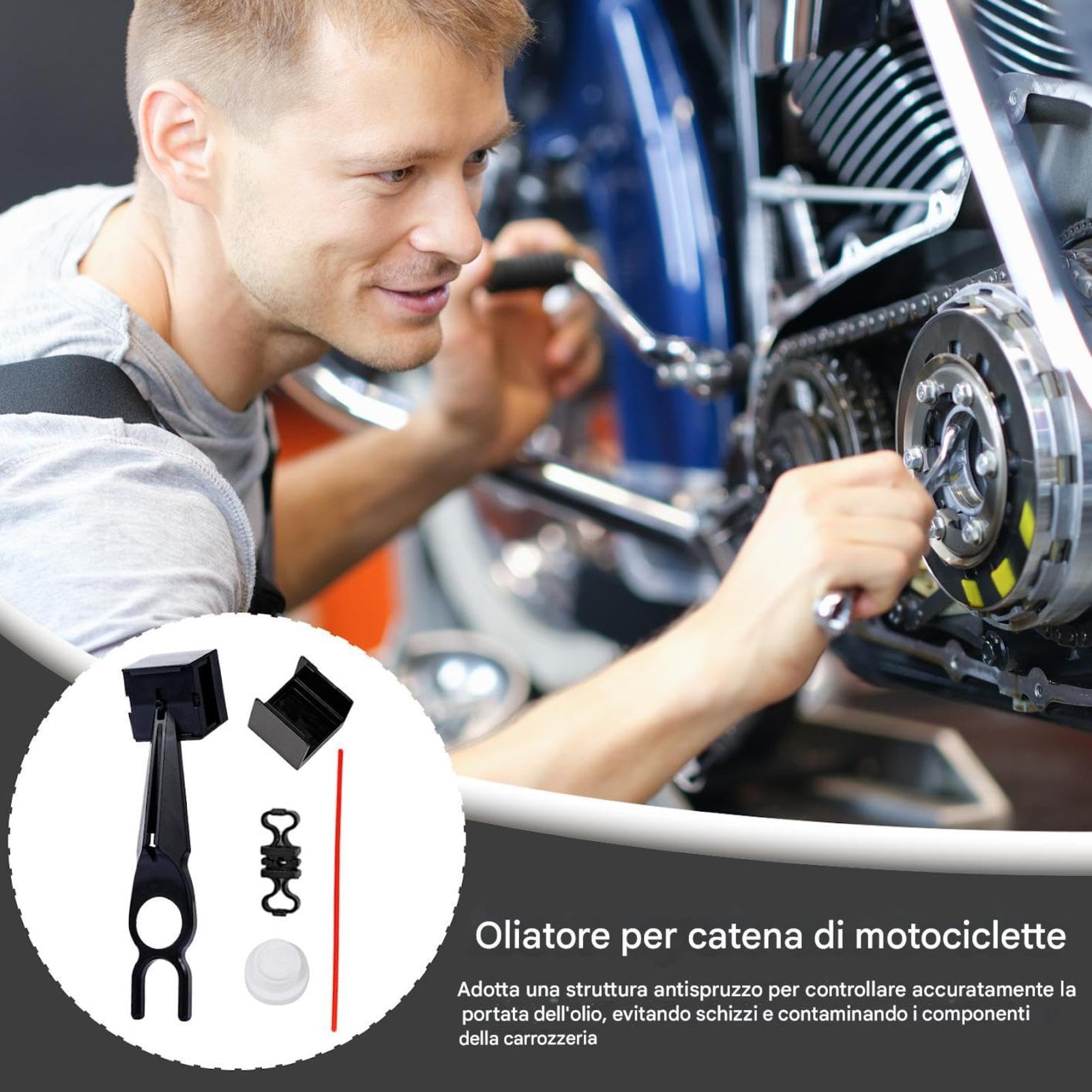 Engrasador de cadena para moto – Aplicador lubricante | Limpiador antisalpicaduras para cadena | Para bicicleta, ciclomotor, dos ruedas – Lubricación sin suciedad – Material policarbonato 18.5