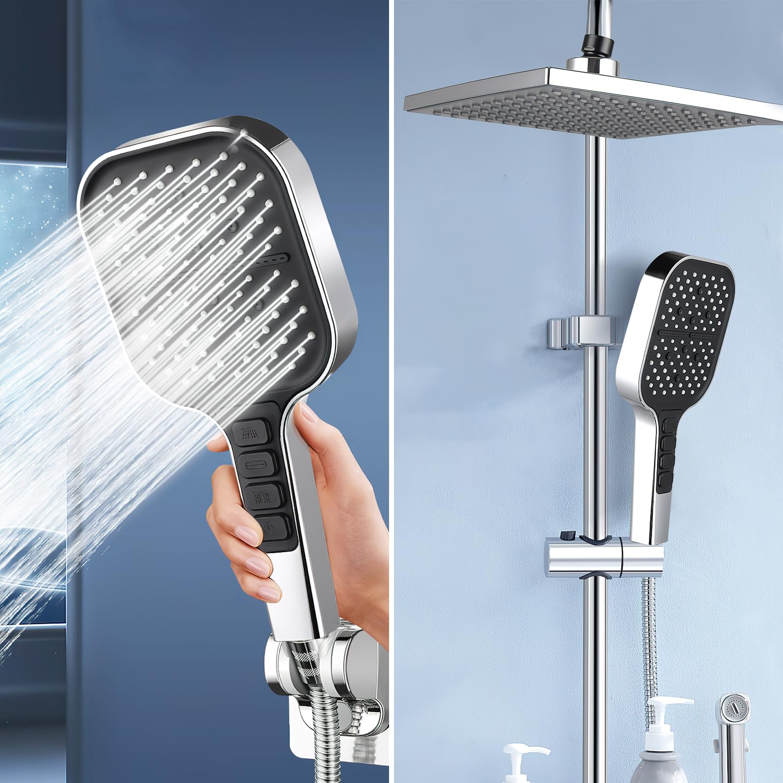 HENGBIRD Soffione doccia a risparmio idrico da 1,5 m con tubo, 7 tipi di getto, soffione doccia a pioggia con pulsante di arresto e ugello in silicone autopulente, regolazione con una sola mano